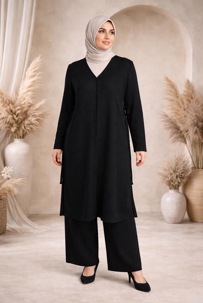 Tesettür giyim SİYAH YELEKLİ ELBİSELİ BÜYÜK BEDEN TAKIM 20479 - ALVİNA