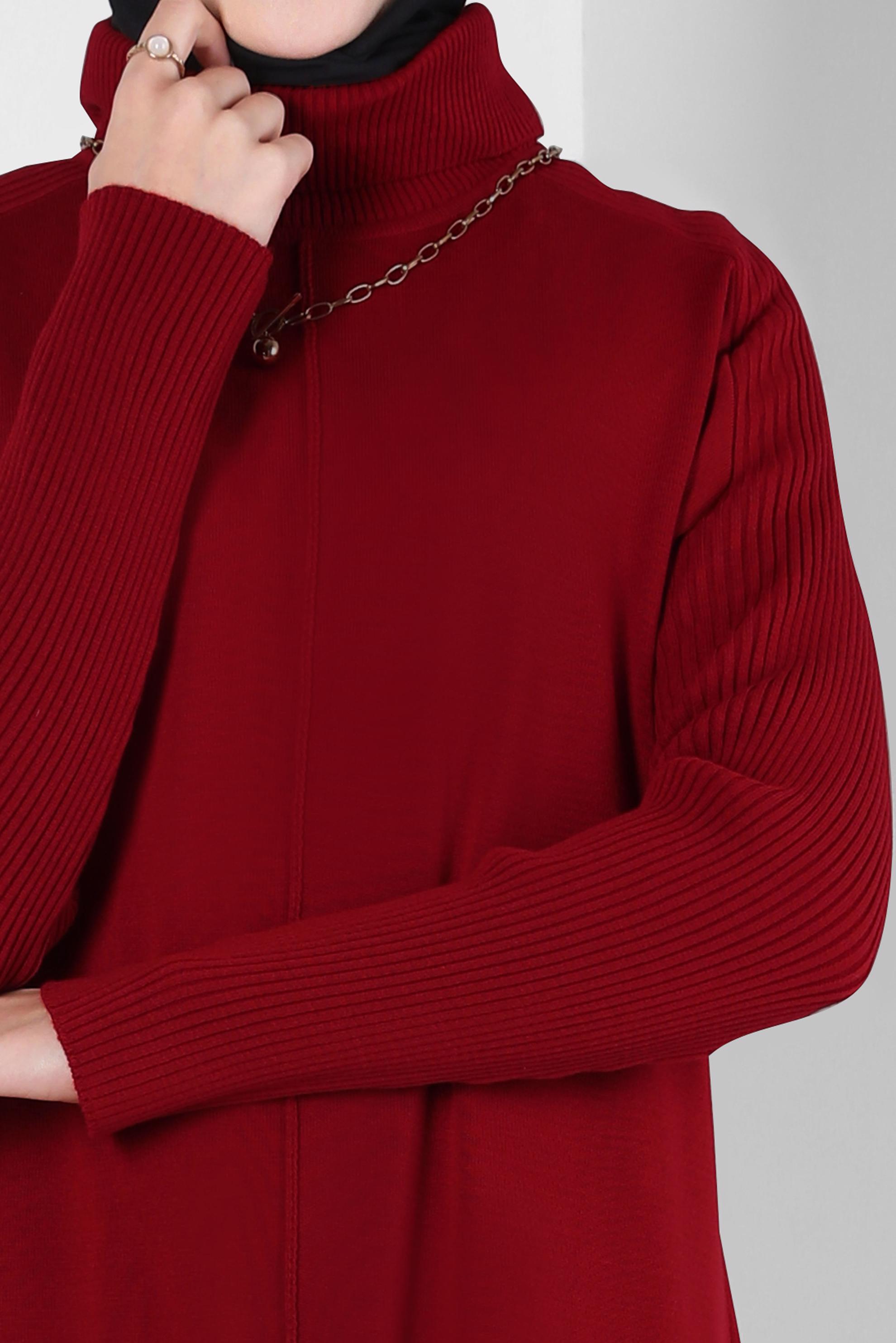 Tesettür giyim KIRMIZI BOĞAZLI YAKA TRİKO ELBİSE 44004