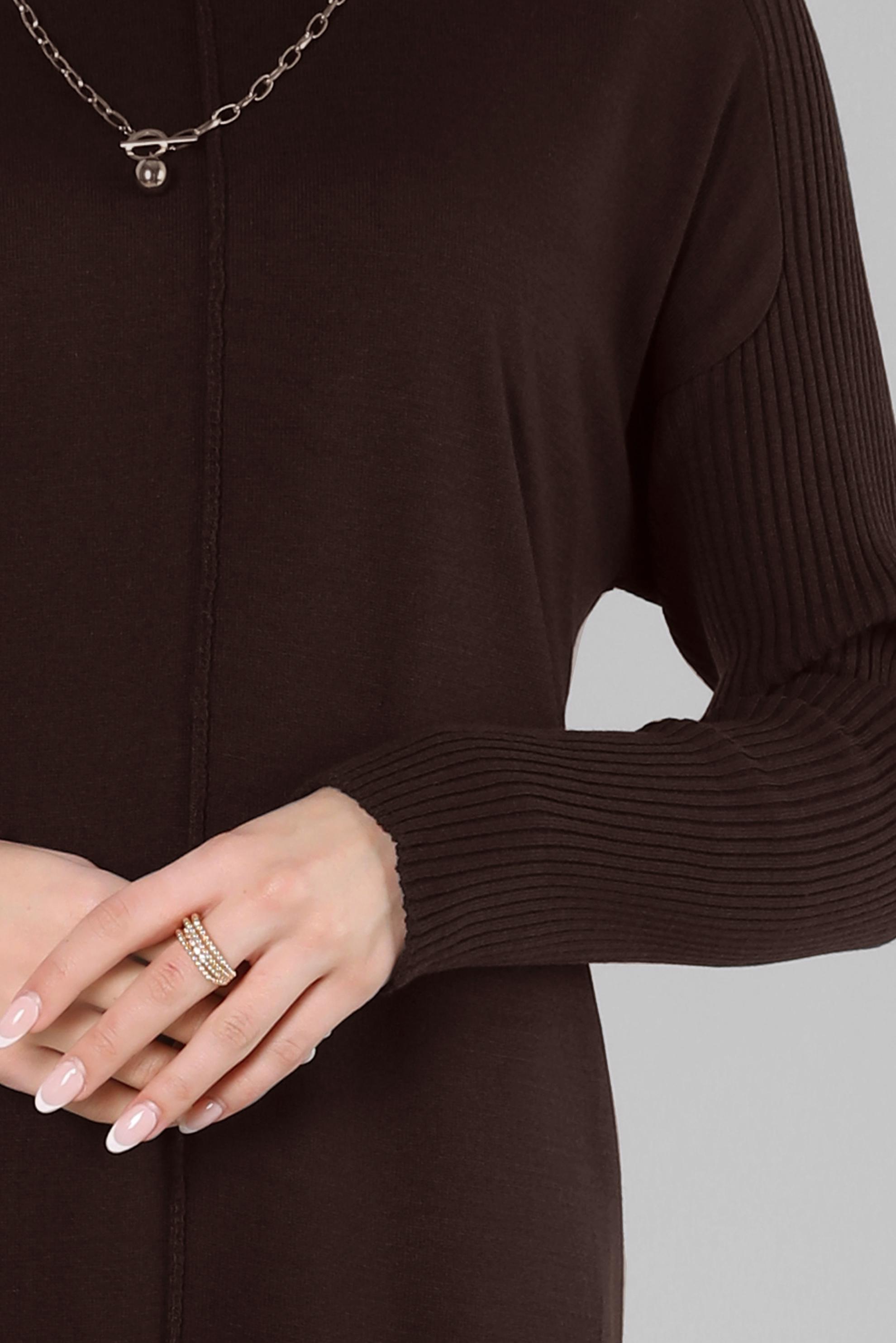 Tesettür giyim KAHVE BOĞAZLI YAKA TRİKO ELBİSE 44004