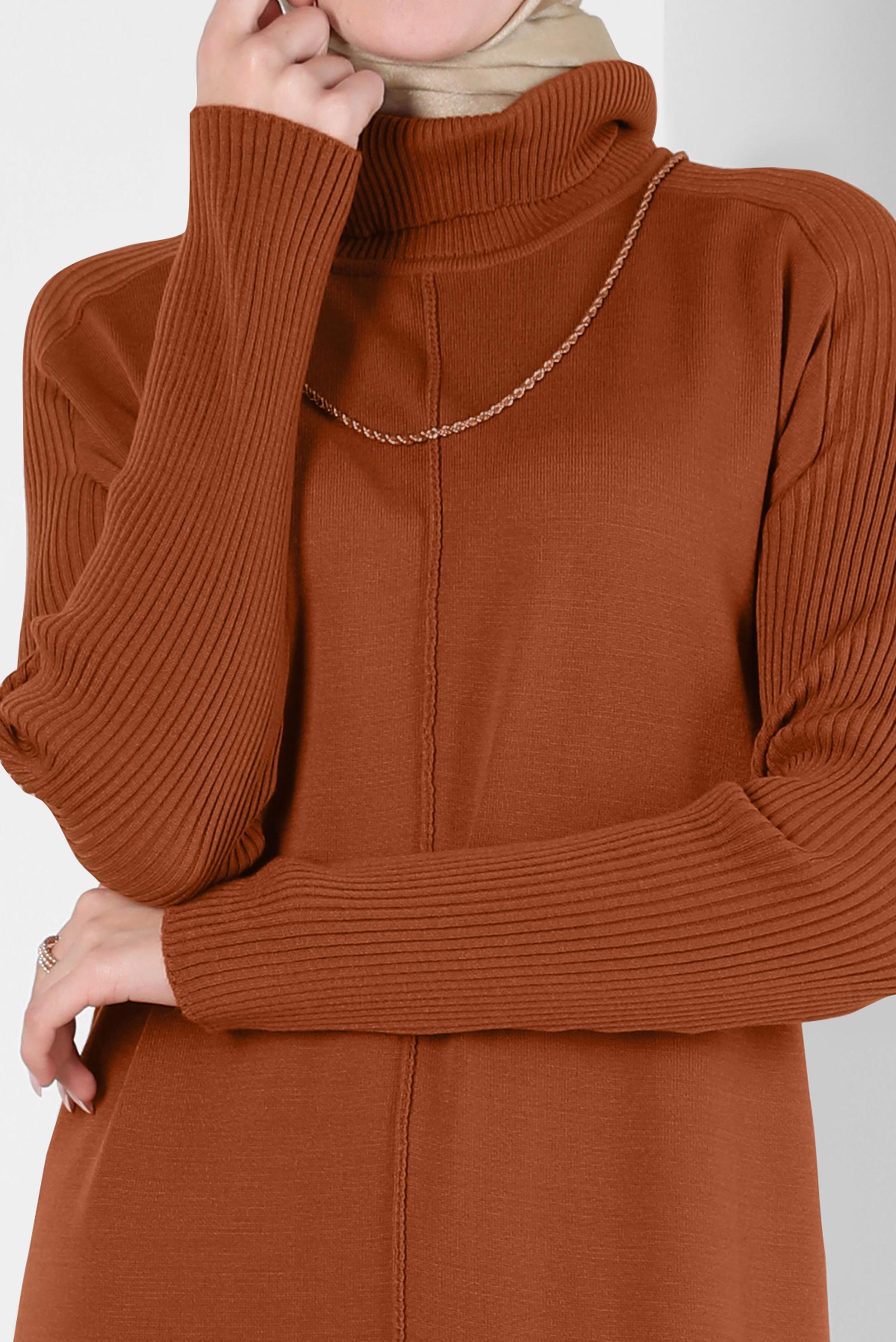 Tesettür giyim TURUNCU BOĞAZLI YAKA TRİKO ELBİSE 44004