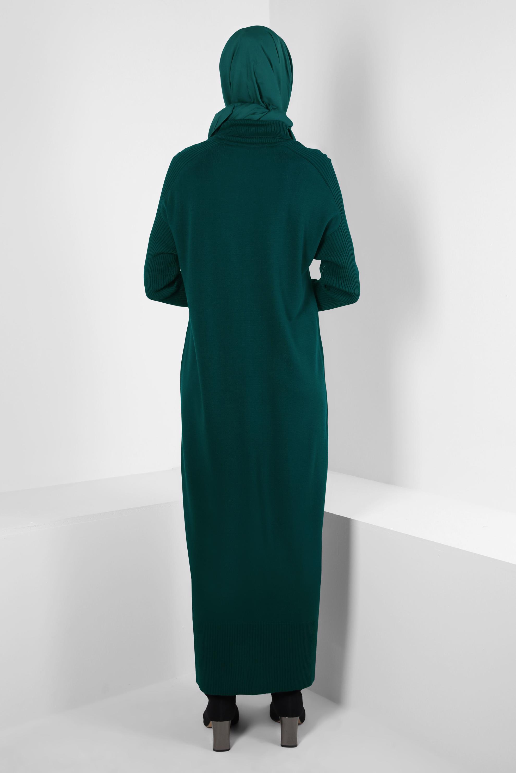 Tesettür giyim YEŞİL BOĞAZLI YAKA TRİKO ELBİSE 44004