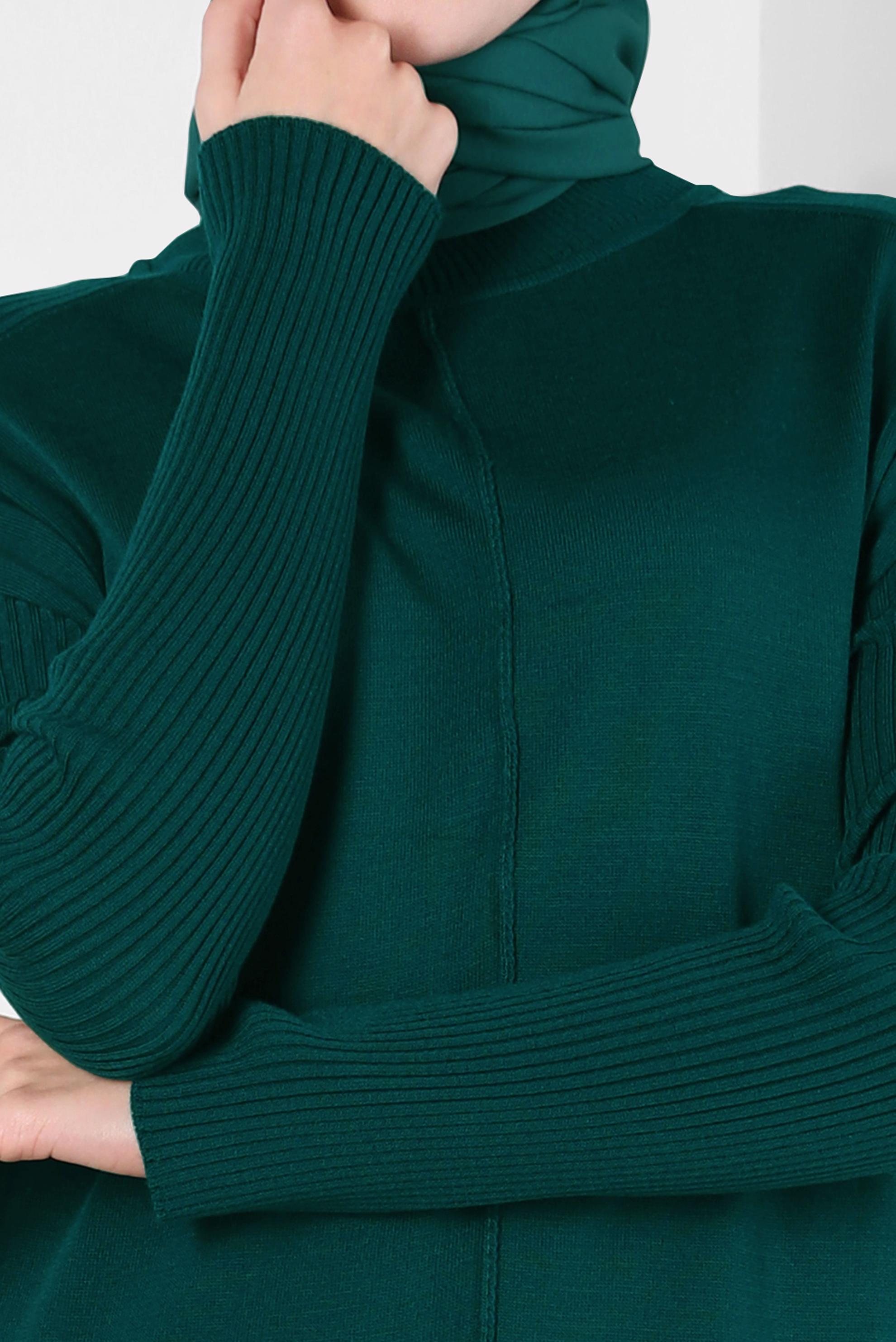 Tesettür giyim YEŞİL BOĞAZLI YAKA TRİKO ELBİSE 44004