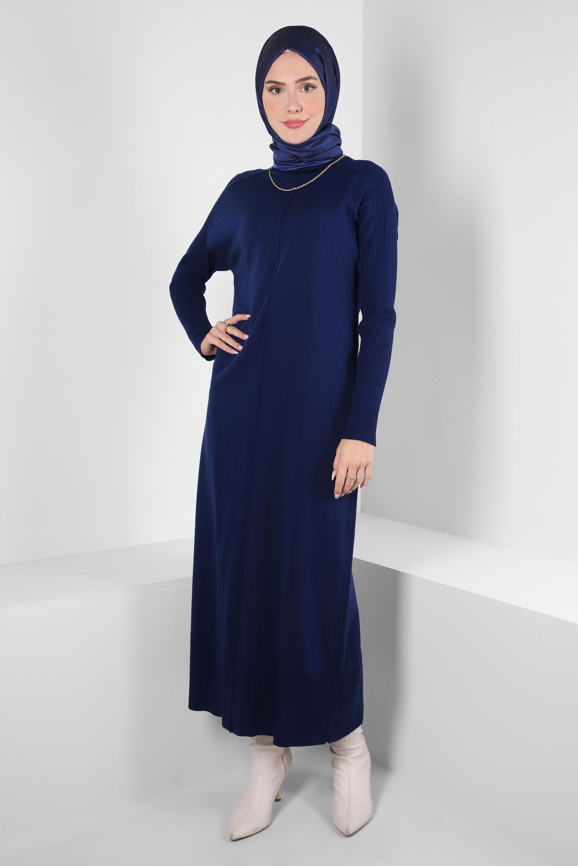 Tesettür giyim LACİVERT BOĞAZLI YAKA TRİKO ELBİSE 44004
