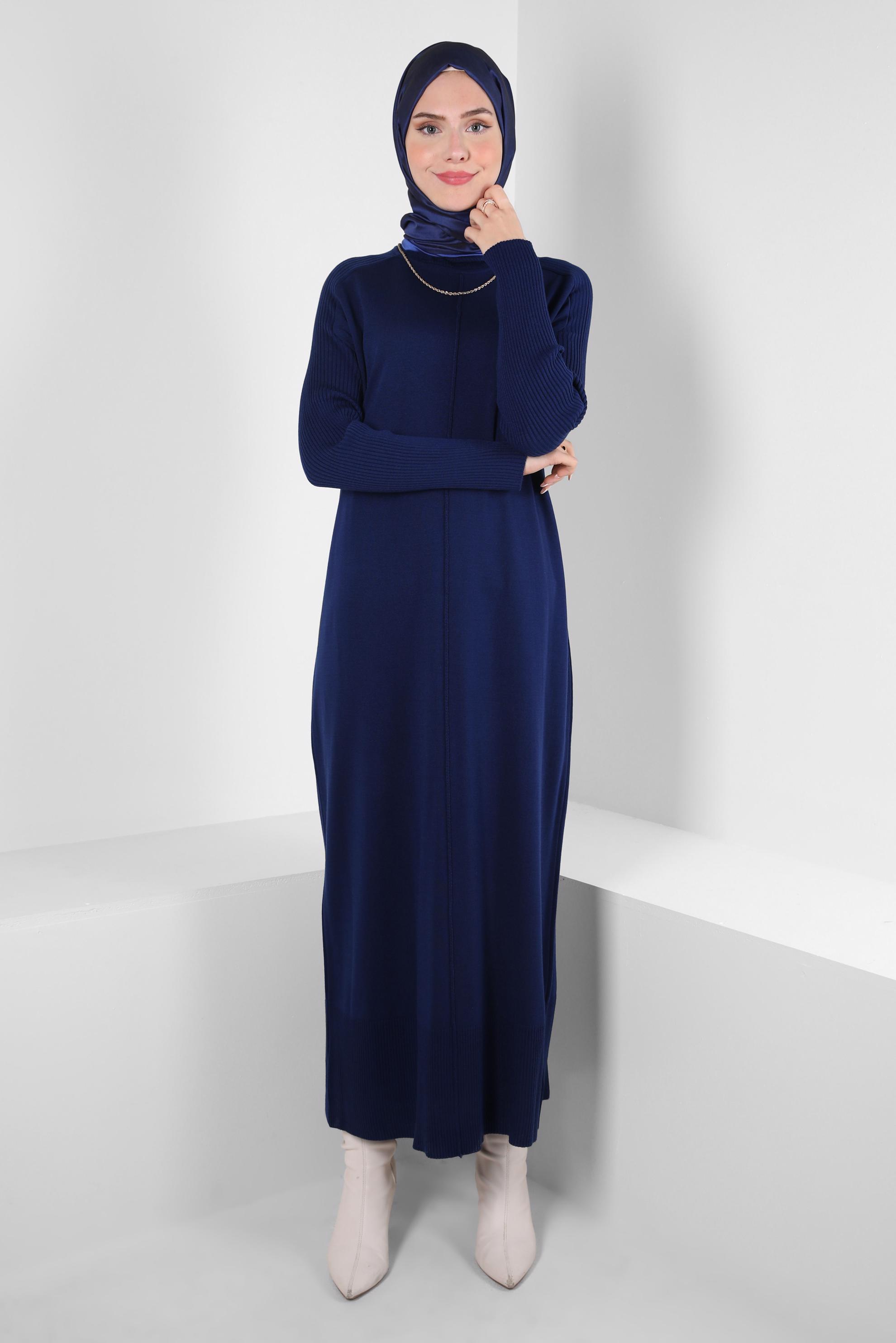 Tesettür giyim LACİVERT BOĞAZLI YAKA TRİKO ELBİSE 44004