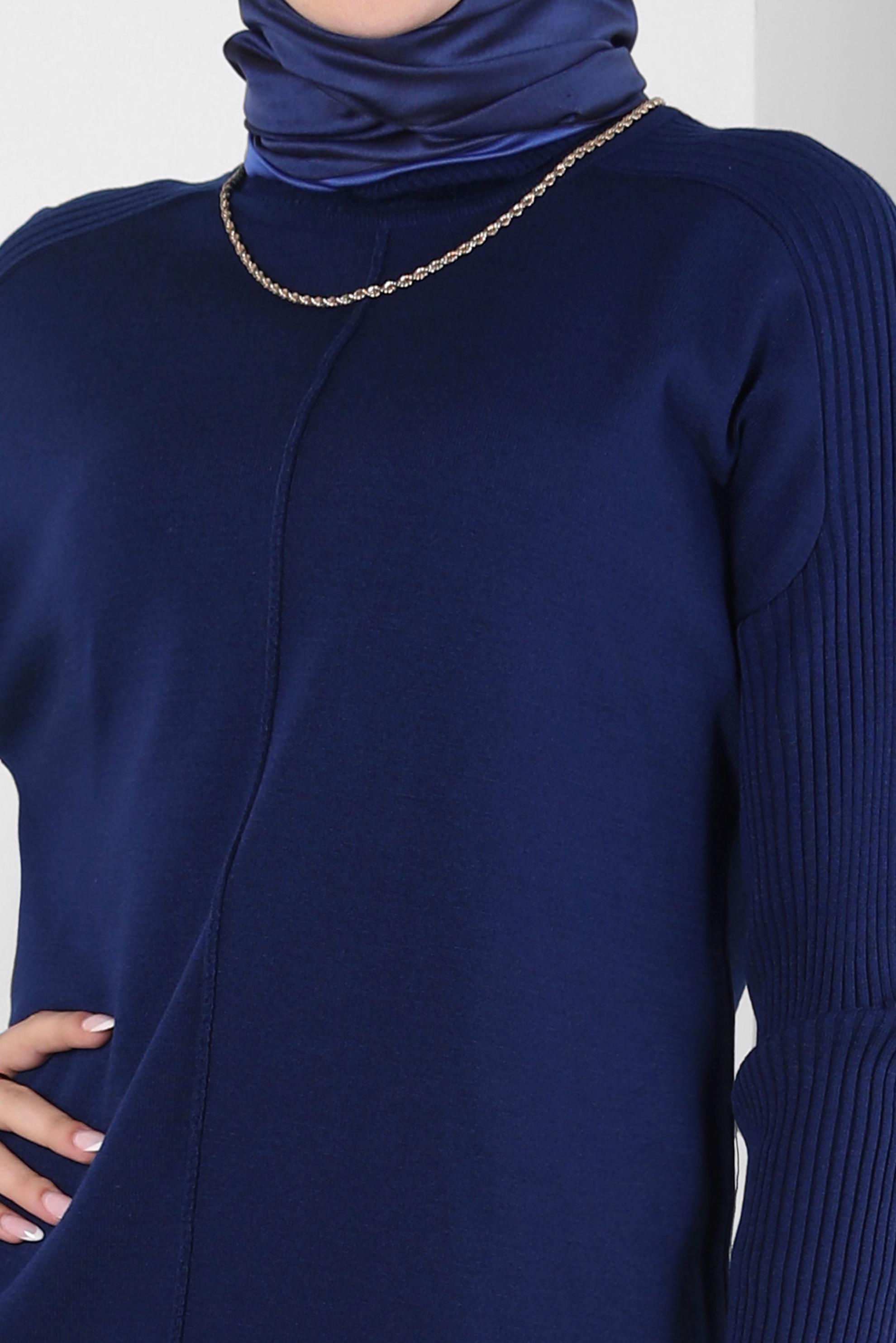 Tesettür giyim LACİVERT BOĞAZLI YAKA TRİKO ELBİSE 44004