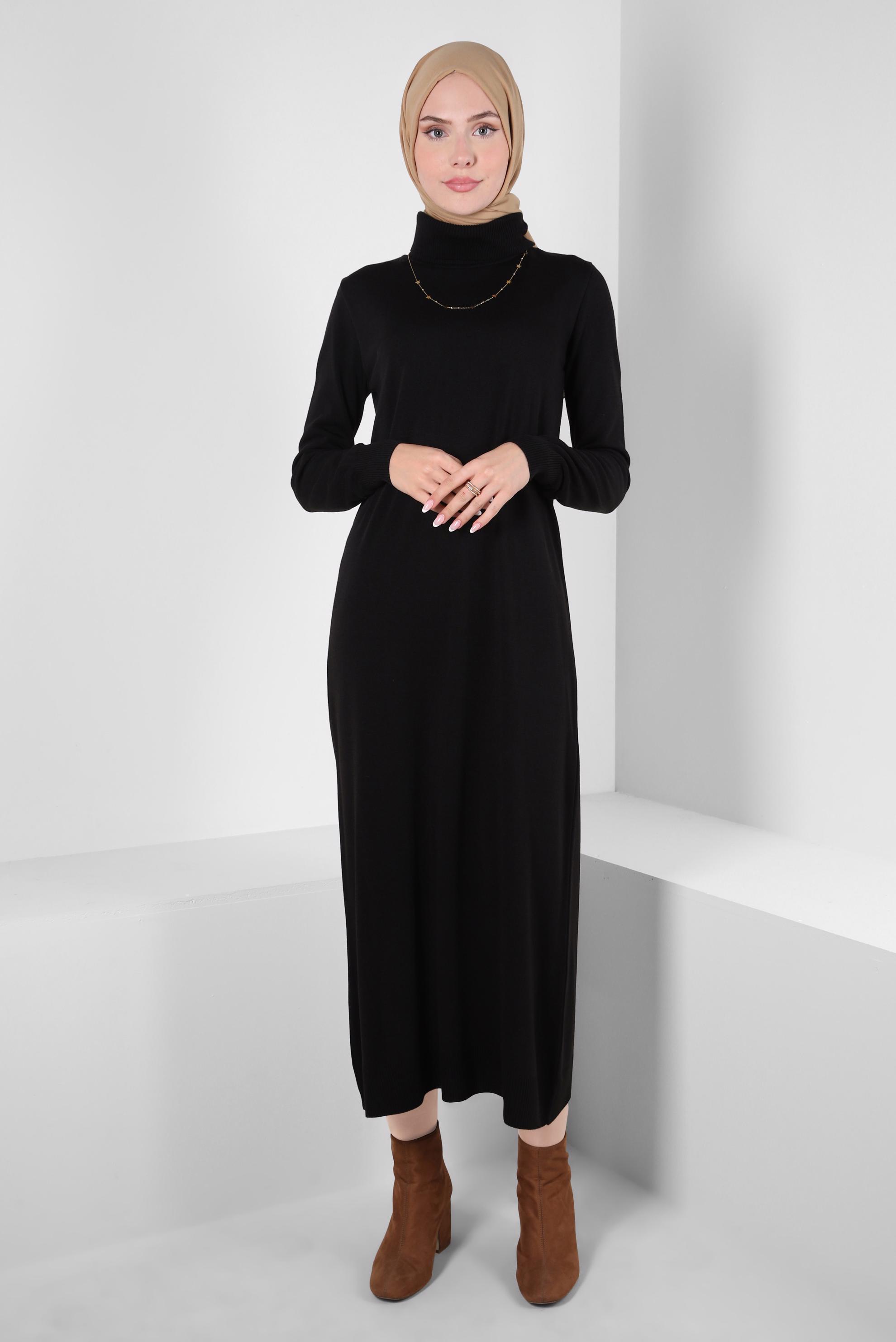 Tesettür giyim SİYAH BOĞAZLI YAKA TRİKO ELBİSE 44005