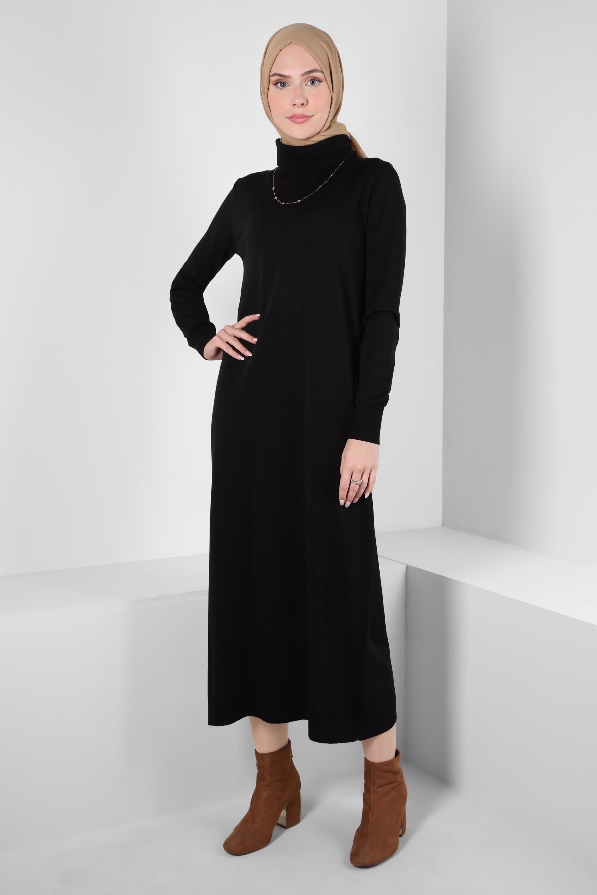 Tesettür giyim SİYAH BOĞAZLI YAKA TRİKO ELBİSE 44005
