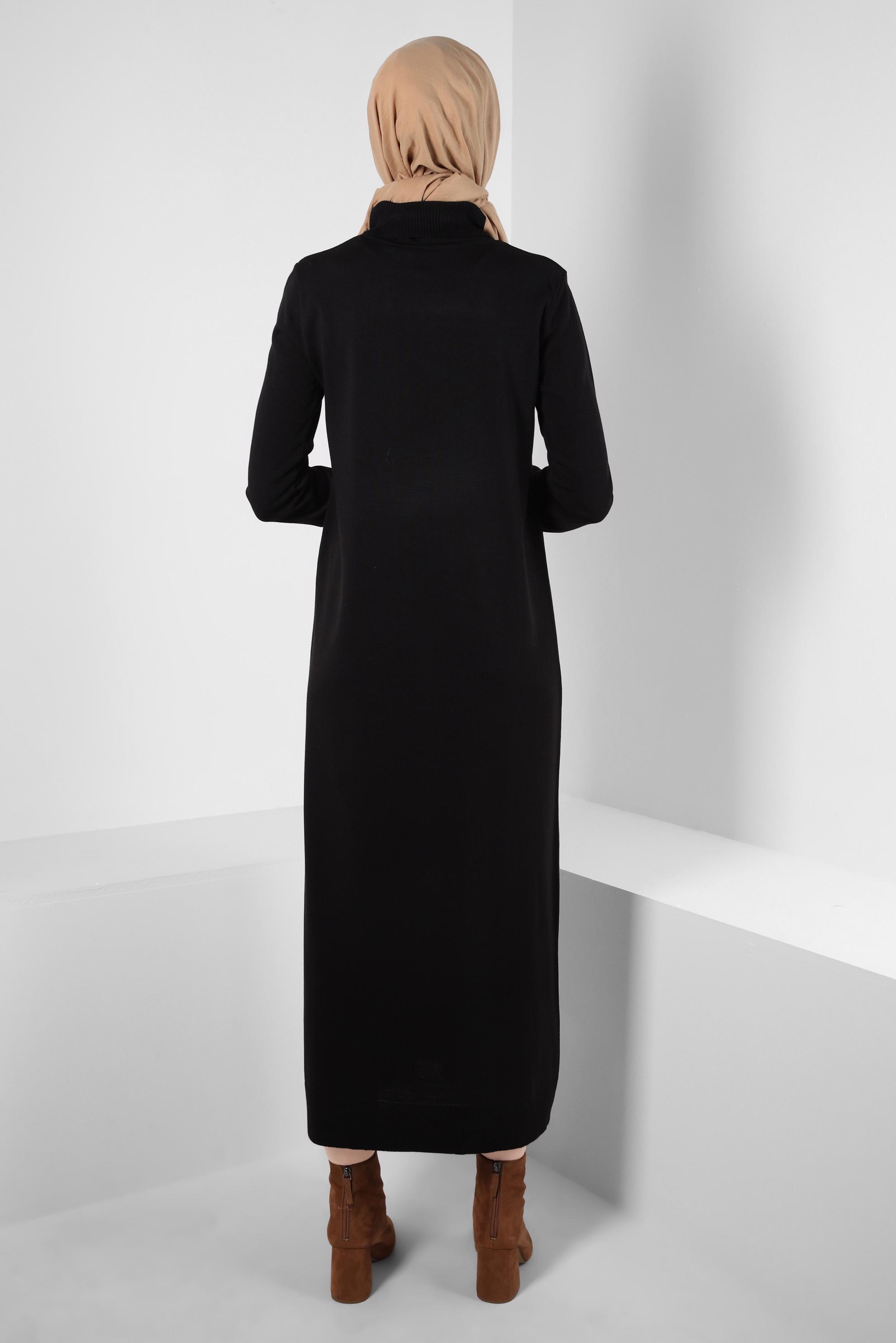 Tesettür giyim SİYAH BOĞAZLI YAKA TRİKO ELBİSE 44005
