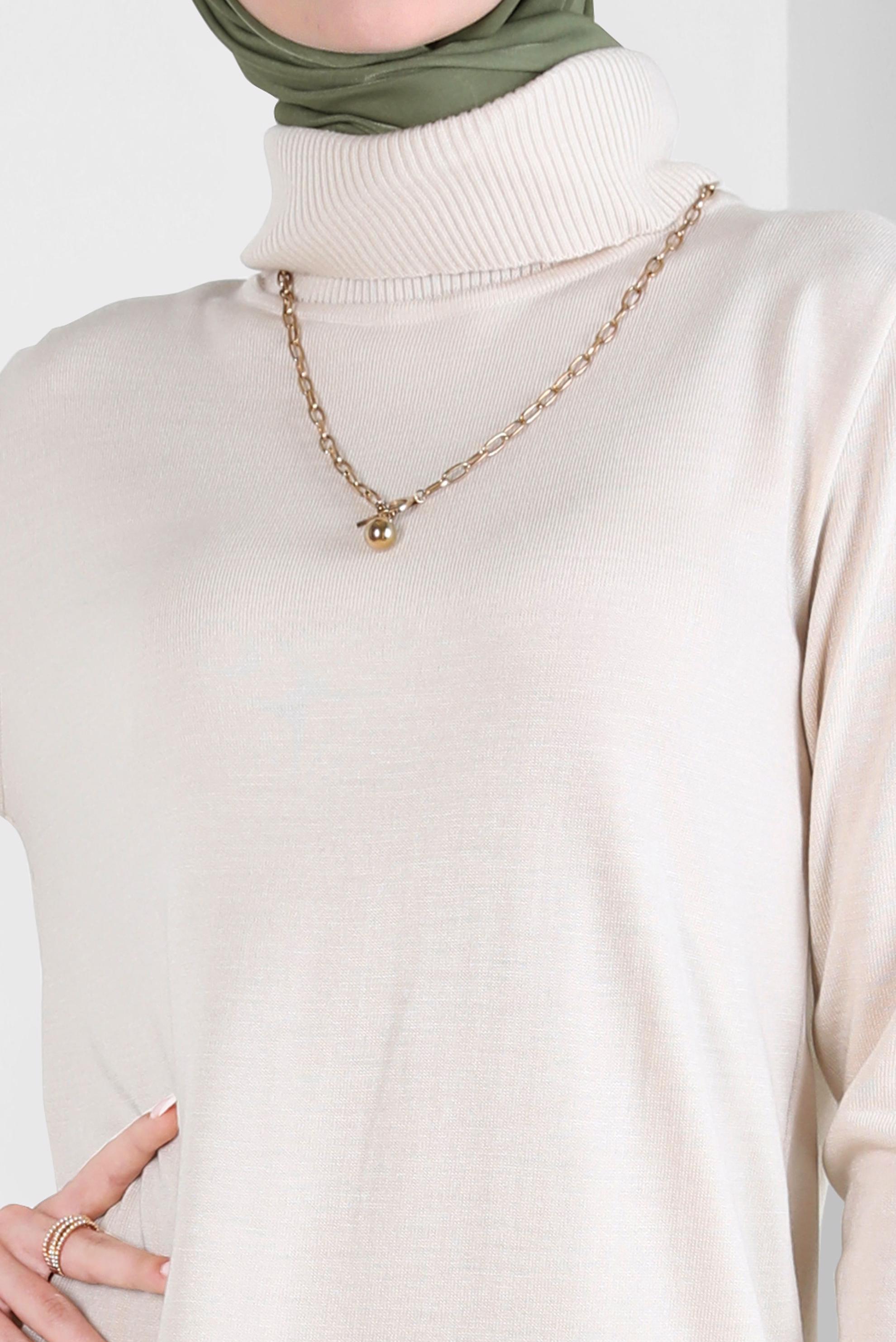 Tesettür giyim BEJ BOĞAZLI YAKA TRİKO ELBİSE 44005