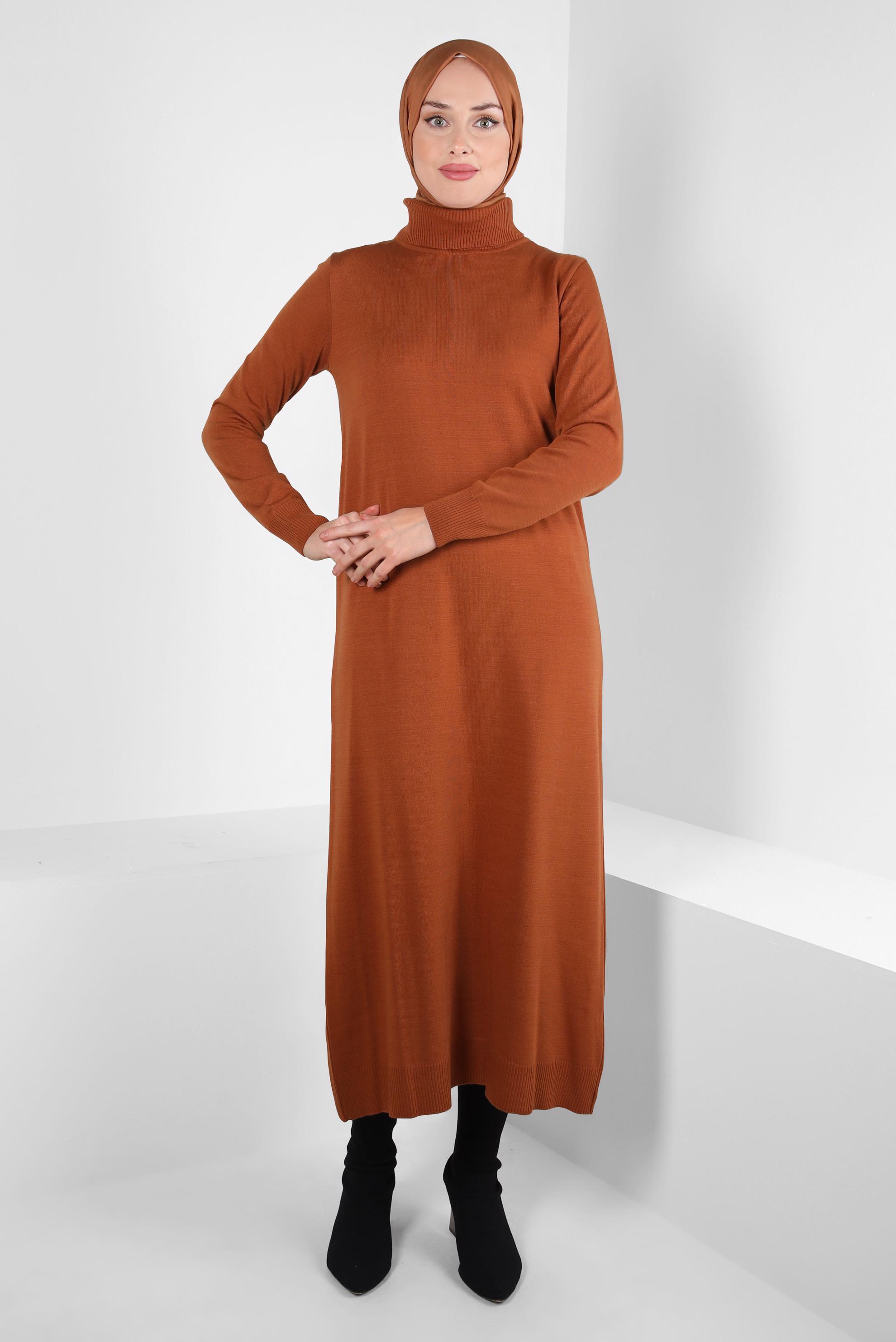 Tesettür giyim TURUNCU BOĞAZLI YAKA TRİKO ELBİSE 44005