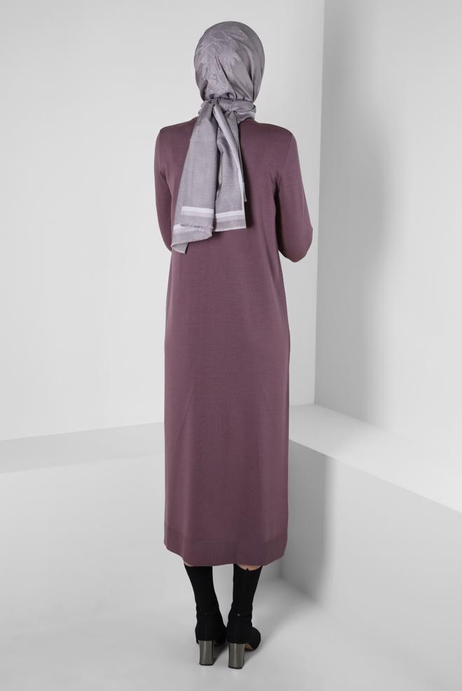 Tesettür giyim MOR BOĞAZLI YAKA TRİKO ELBİSE 44005 - ALVİNA