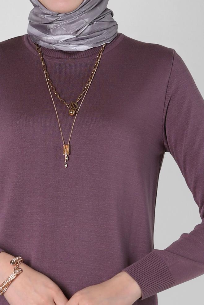 Tesettür giyim MOR BOĞAZLI YAKA TRİKO ELBİSE 44005 - ALVİNA