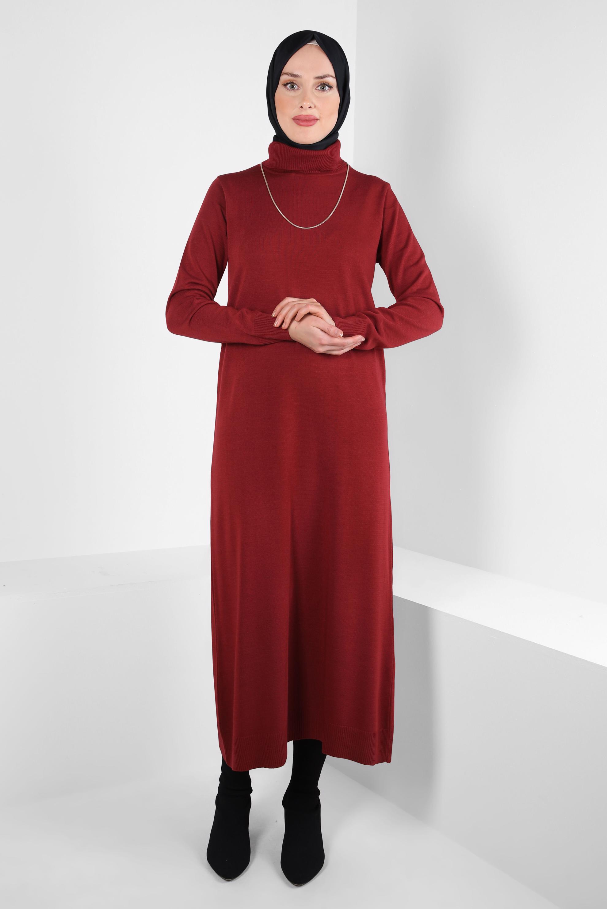 Hijab clothing CLARET RED TURTLENECK KNITWEAR DRESS 44005