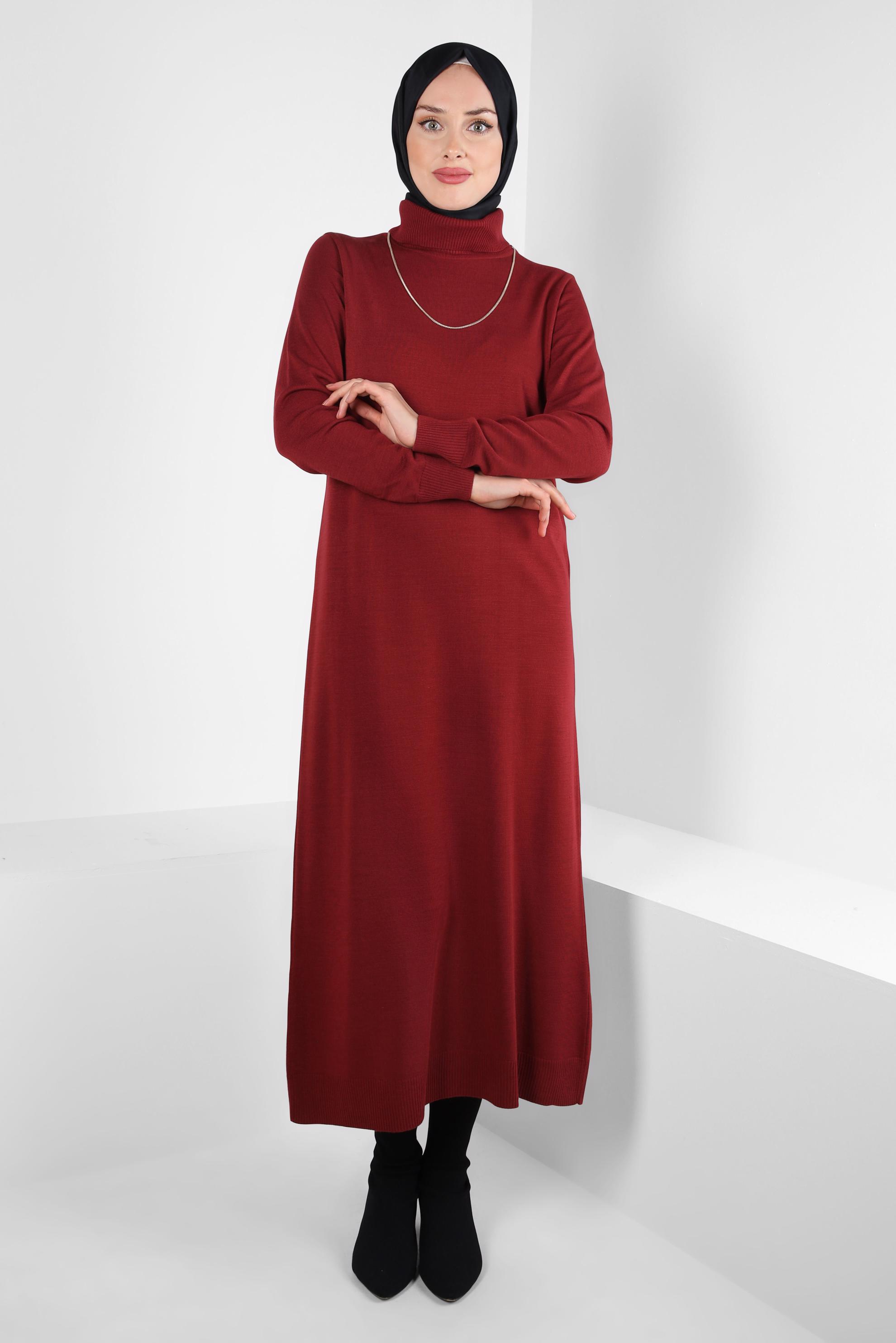 Hijab clothing CLARET RED TURTLENECK KNITWEAR DRESS 44005