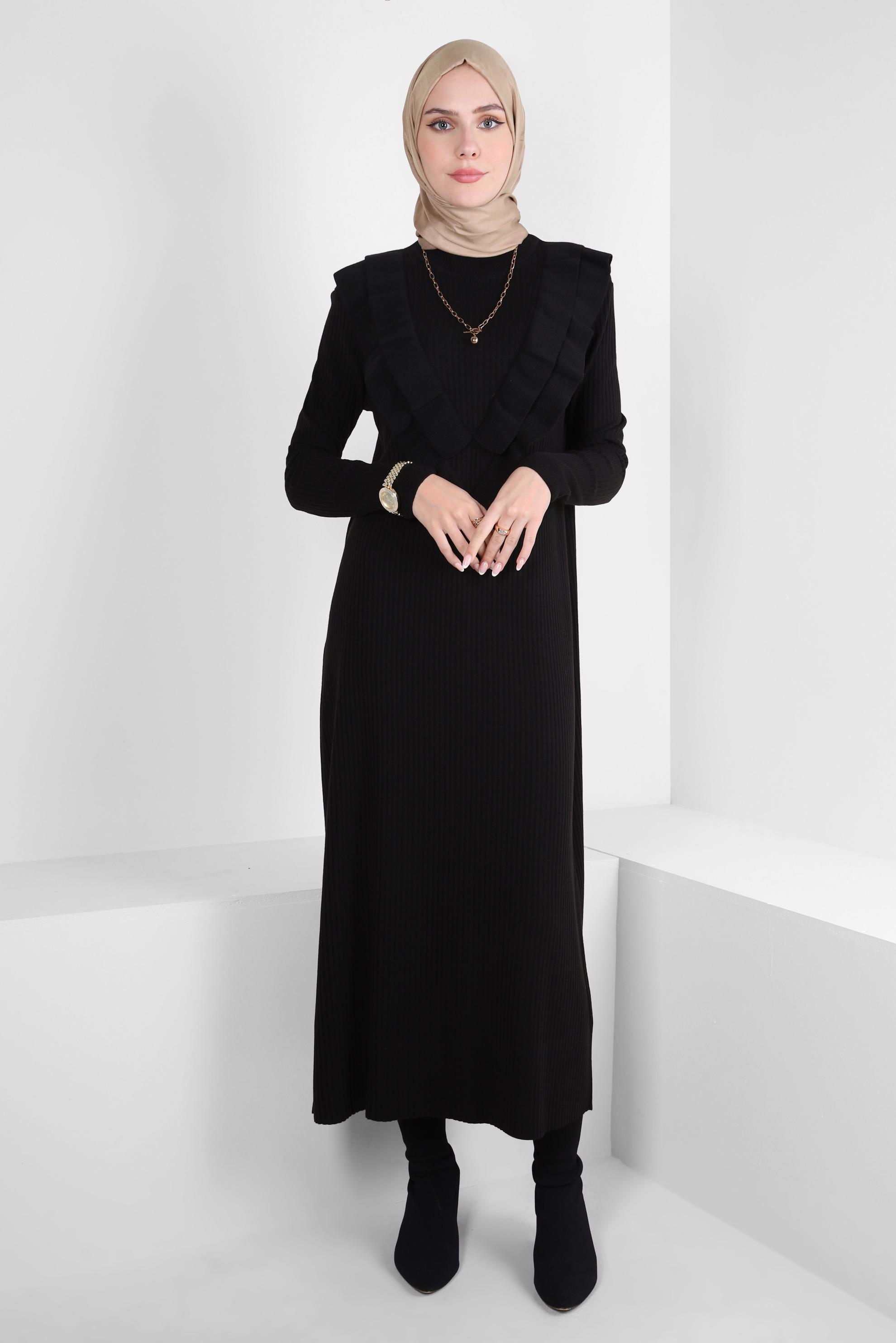 Tesettür giyim SİYAH FIRFIR DETAYLI TRİKO ELBİSE 44022