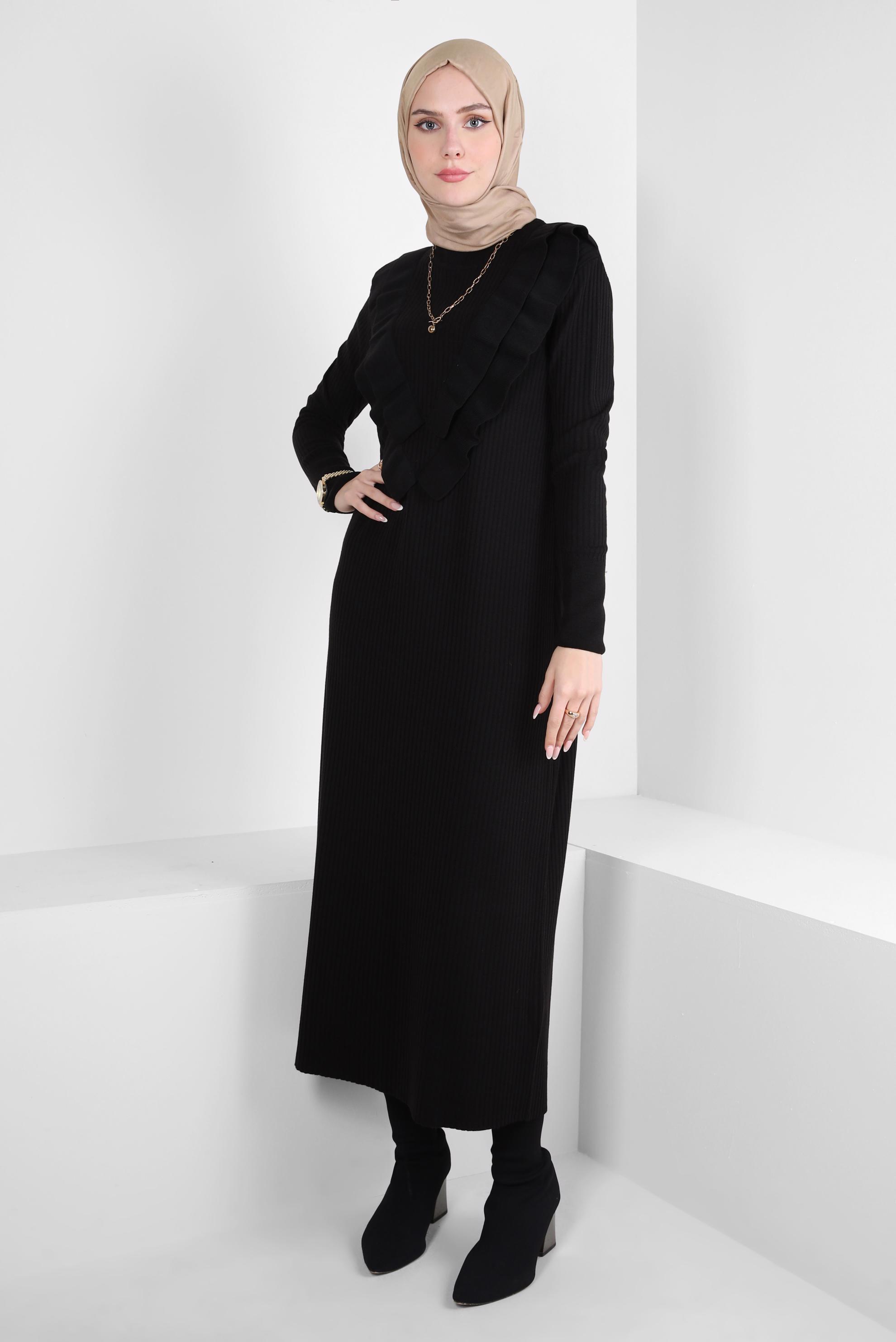 Tesettür giyim SİYAH FIRFIR DETAYLI TRİKO ELBİSE 44022