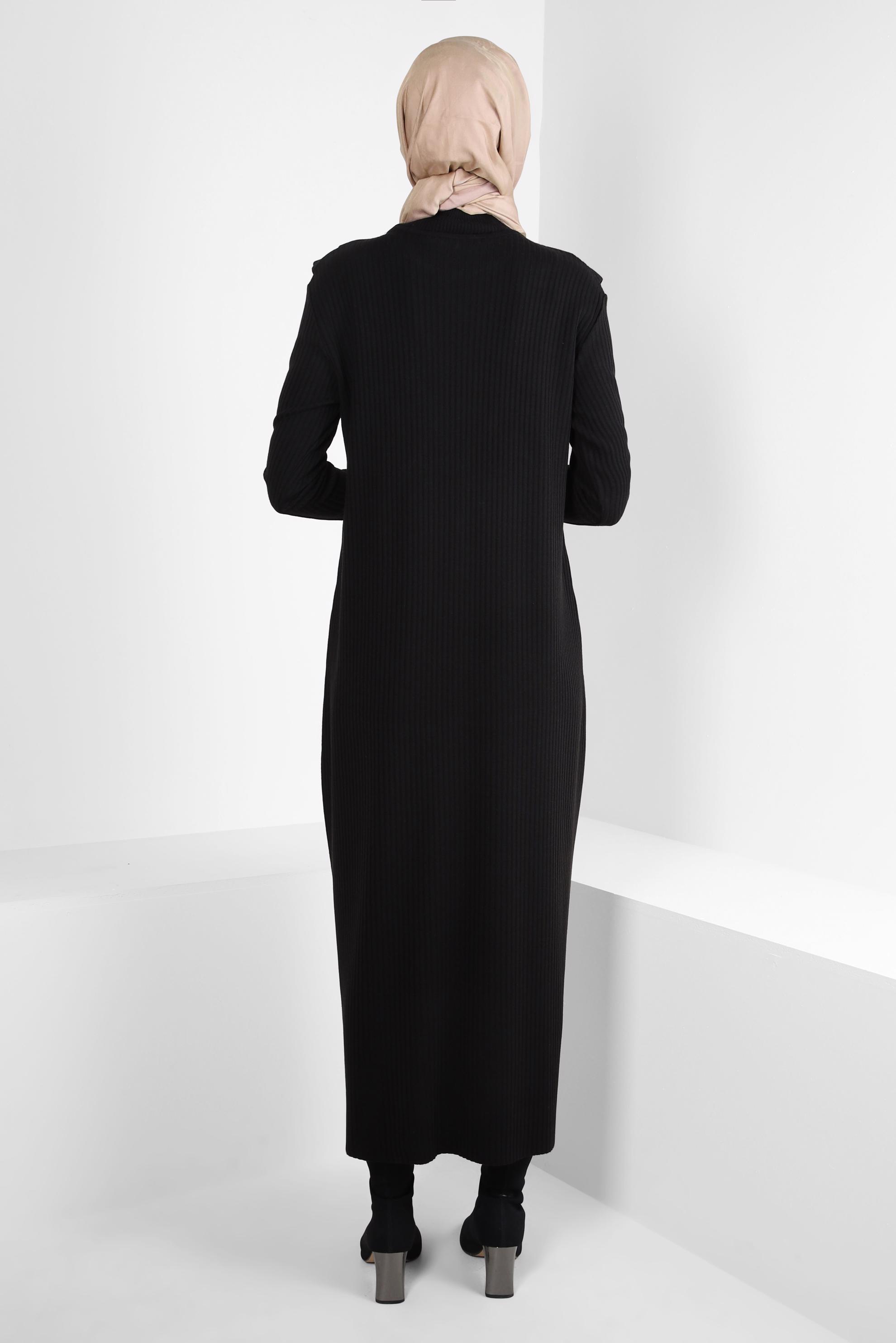 Tesettür giyim SİYAH FIRFIR DETAYLI TRİKO ELBİSE 44022