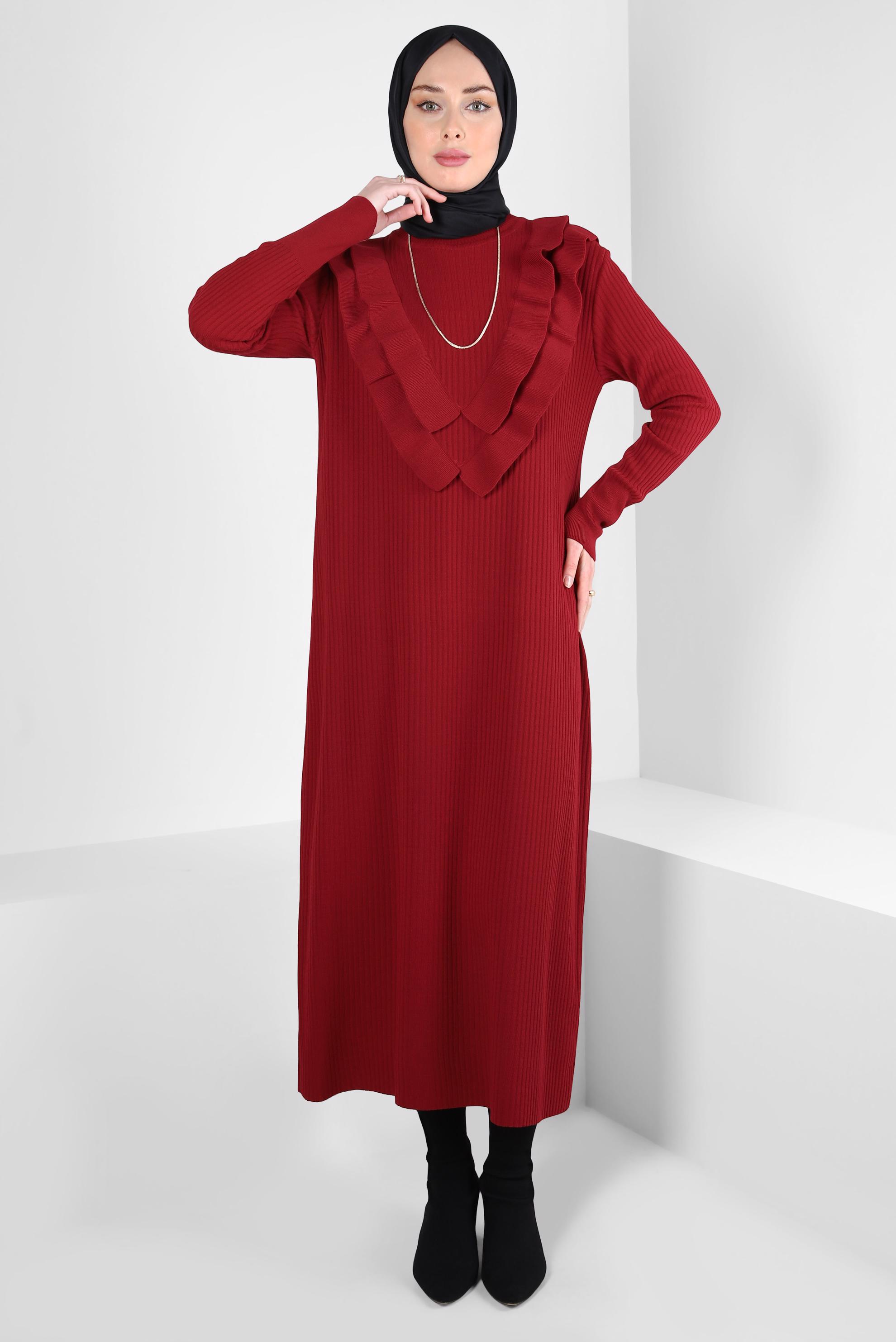 Tesettür giyim KIRMIZI FIRFIR DETAYLI TRİKO ELBİSE 44022