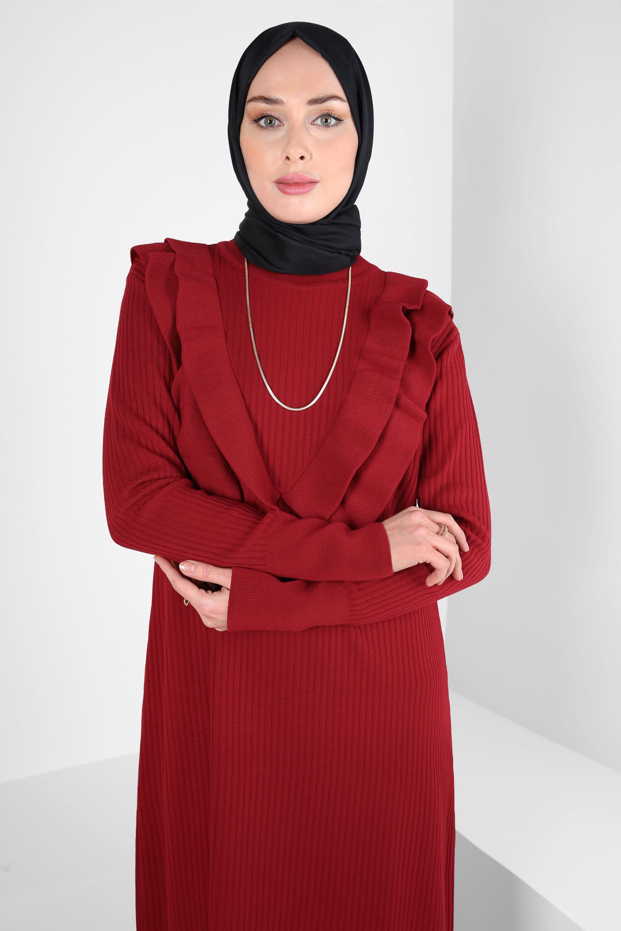 Tesettür giyim KIRMIZI FIRFIR DETAYLI TRİKO ELBİSE 44022