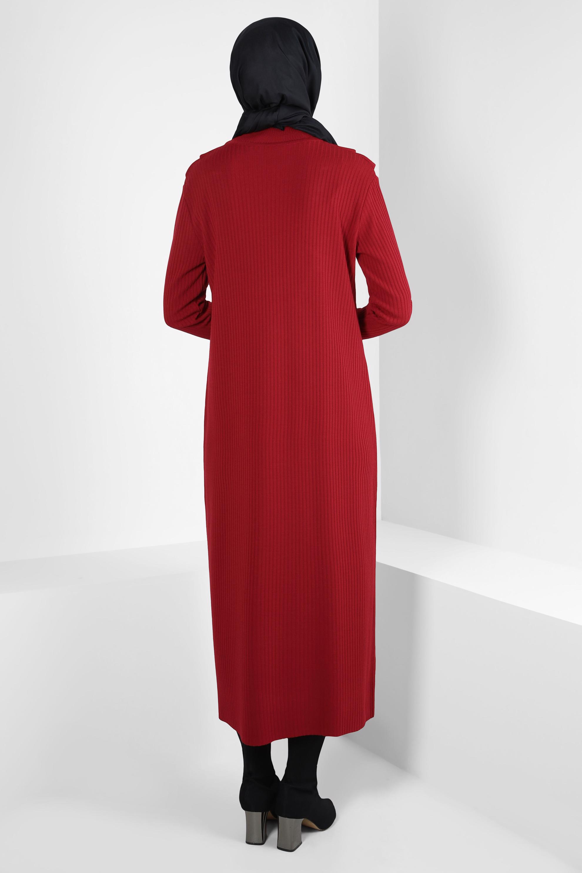 Tesettür giyim KIRMIZI FIRFIR DETAYLI TRİKO ELBİSE 44022