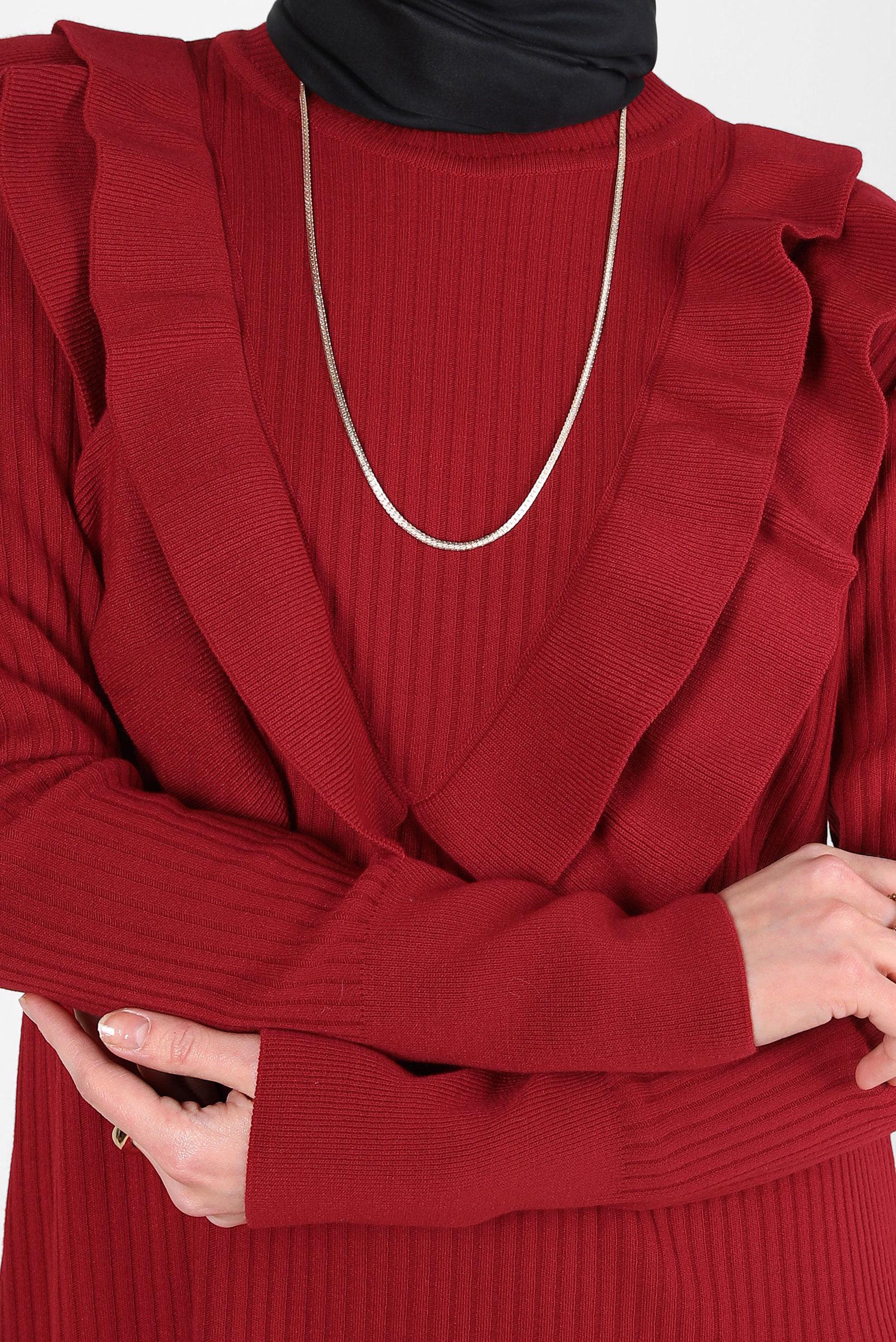 Tesettür giyim KIRMIZI FIRFIR DETAYLI TRİKO ELBİSE 44022