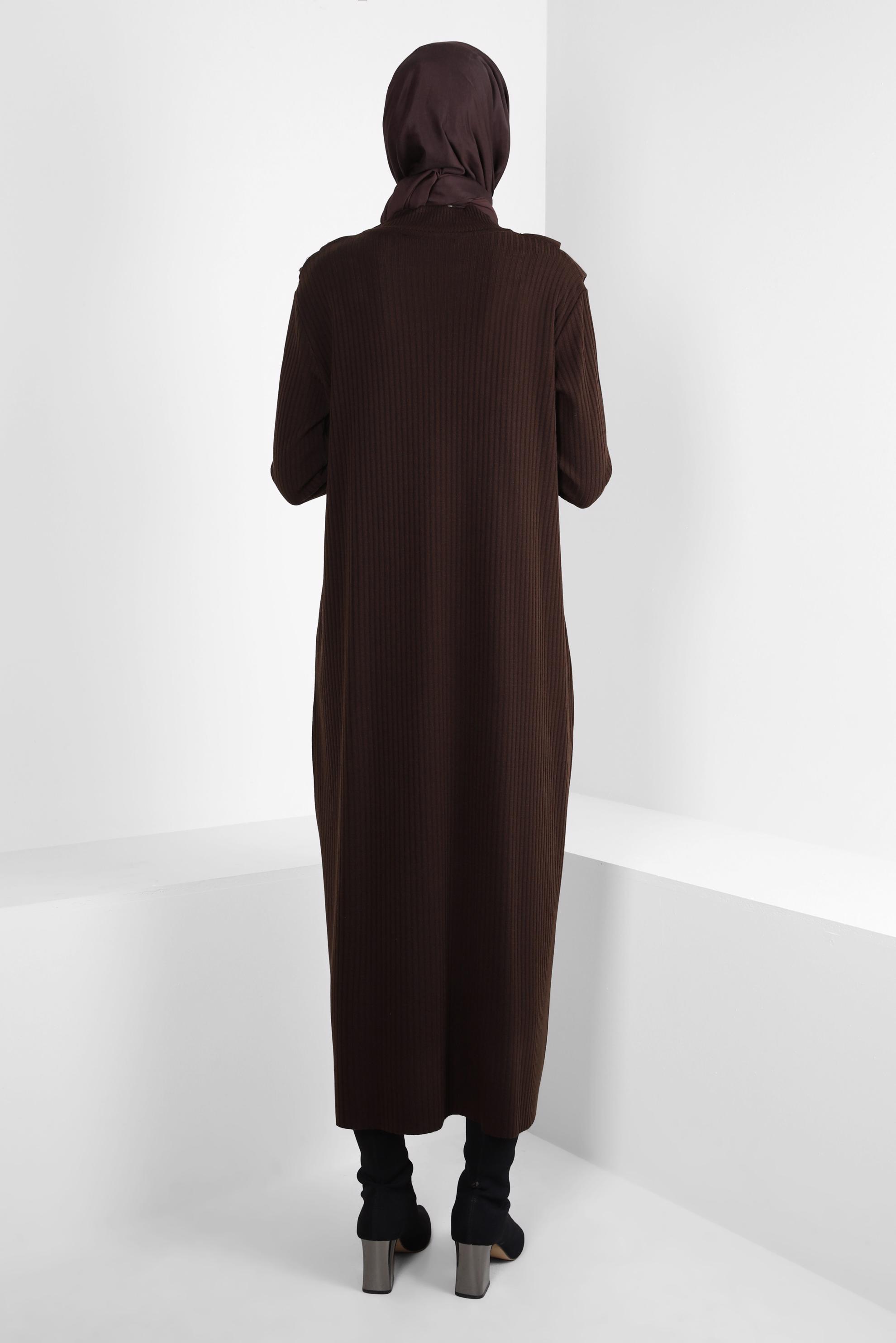 Tesettür giyim KAHVE FIRFIR DETAYLI TRİKO ELBİSE 44022