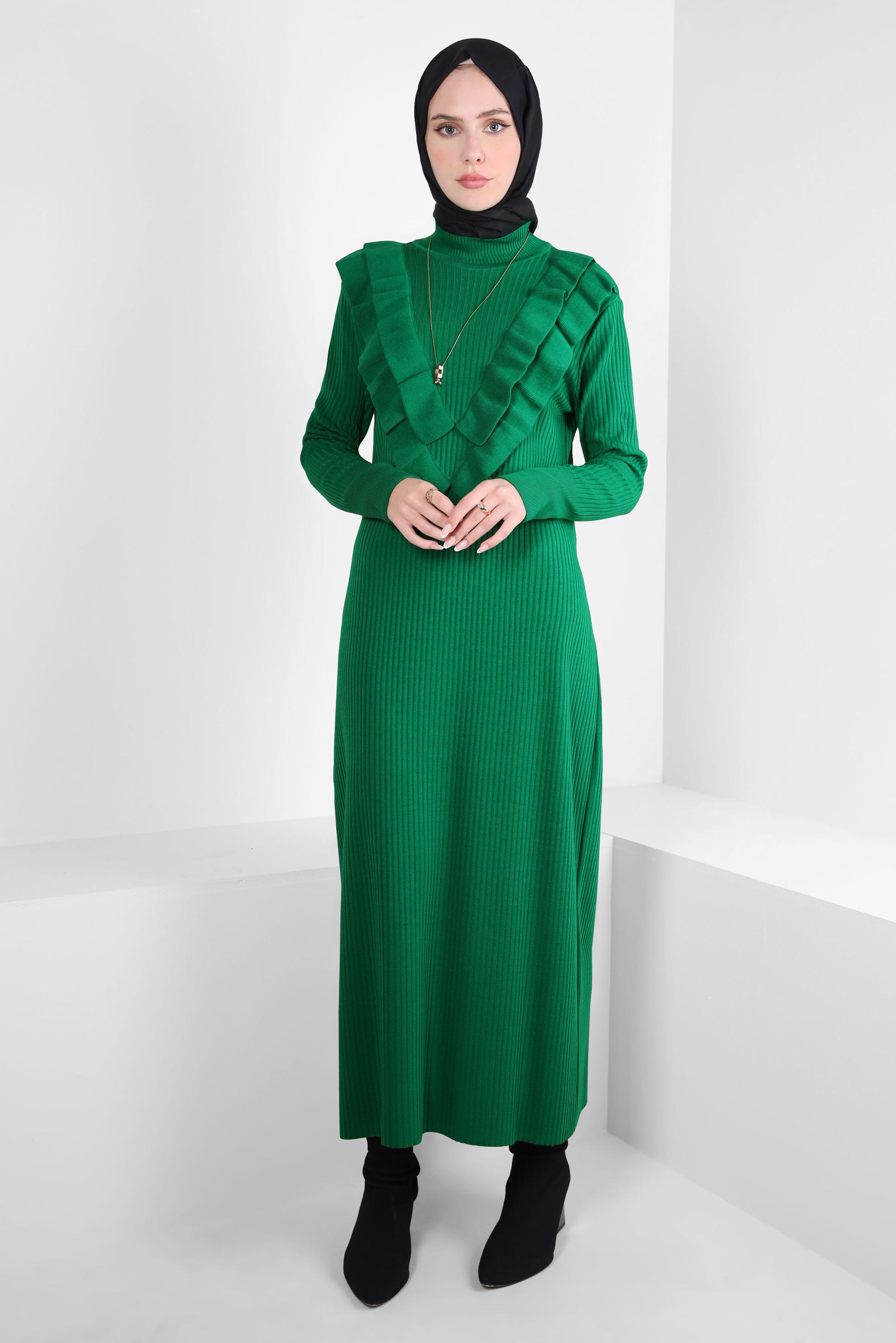 Tesettür giyim YEŞİL FIRFIR DETAYLI TRİKO ELBİSE 44022