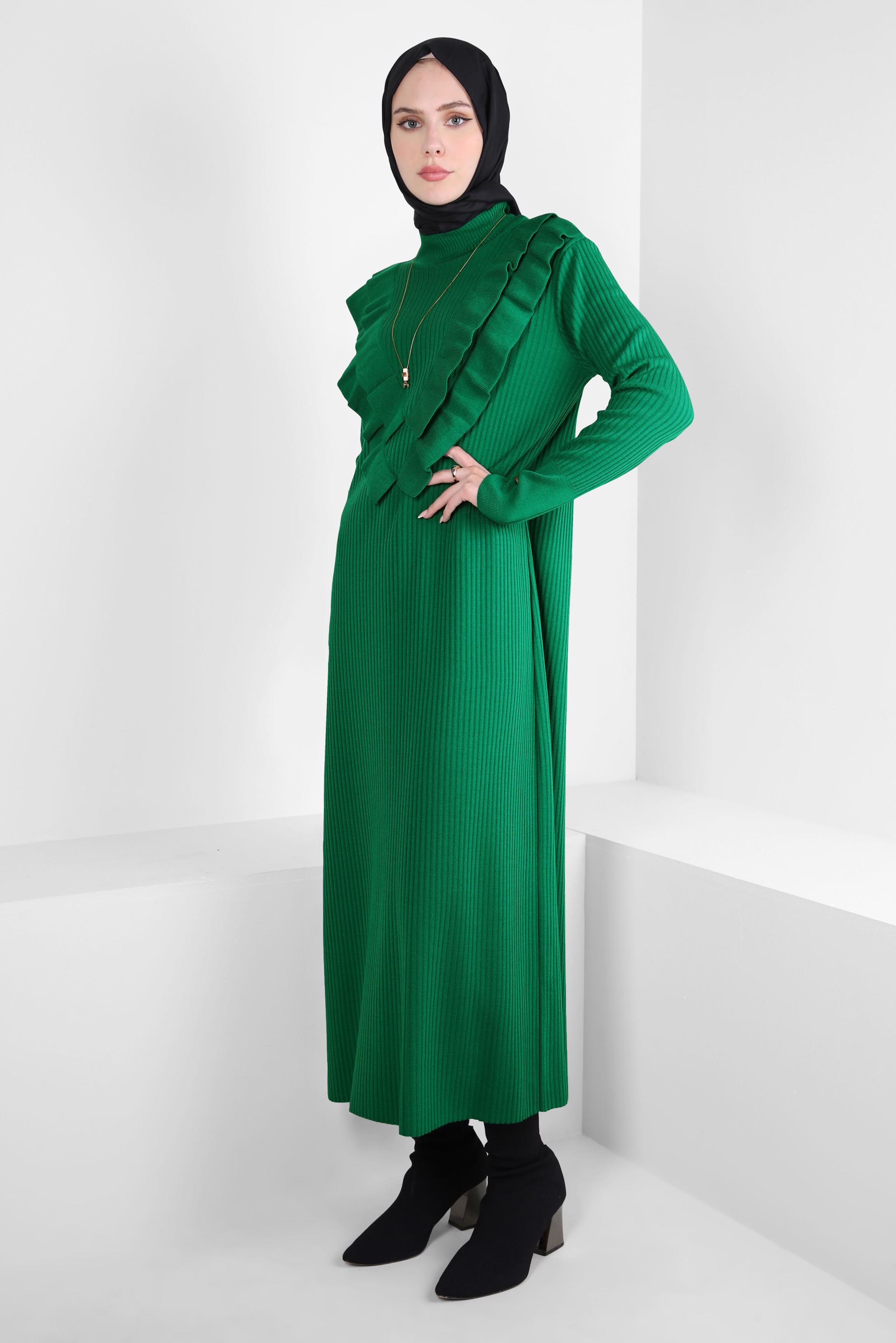 Tesettür giyim YEŞİL FIRFIR DETAYLI TRİKO ELBİSE 44022