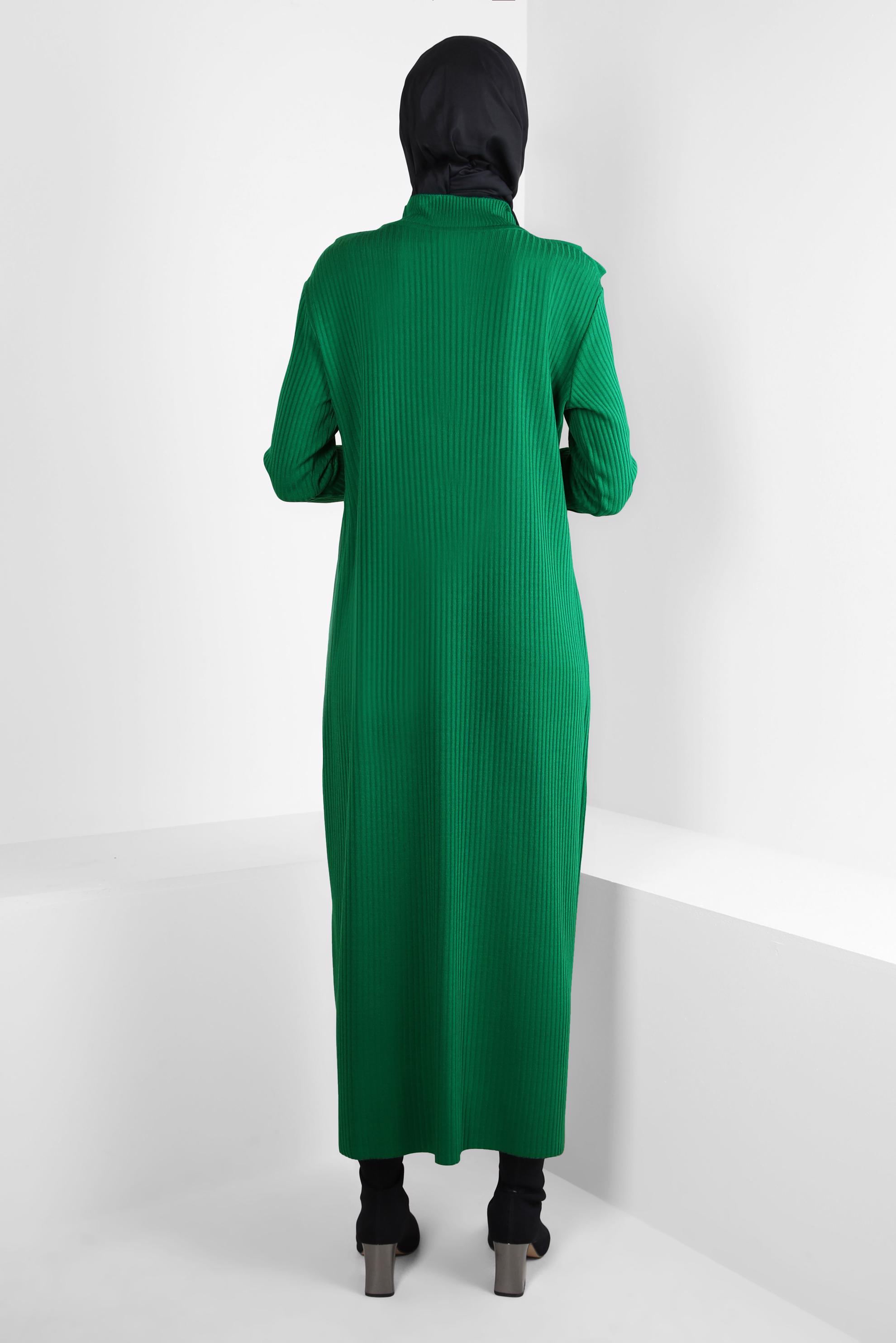 Tesettür giyim YEŞİL FIRFIR DETAYLI TRİKO ELBİSE 44022