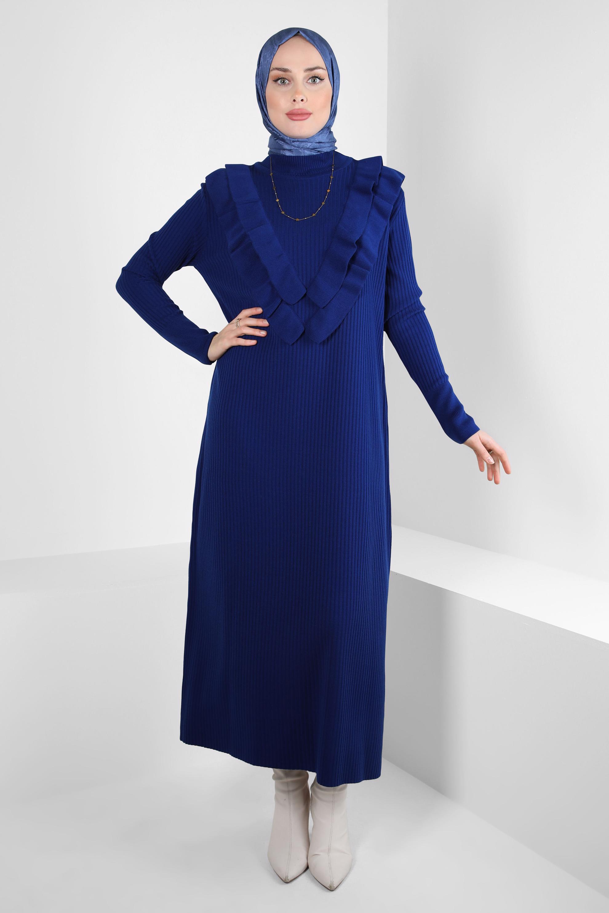 Tesettür giyim LACİVERT FIRFIR DETAYLI TRİKO ELBİSE 44022