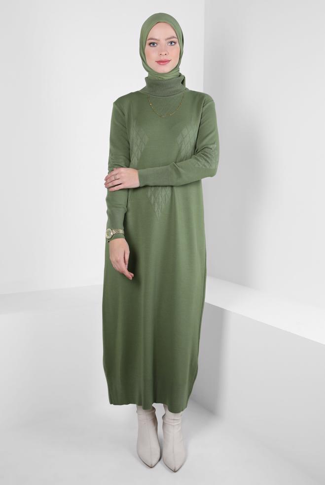 Tesettür giyim YEŞİL BOĞAZLI YAKA TRİKO ELBİSE 44023 - ALVİNA