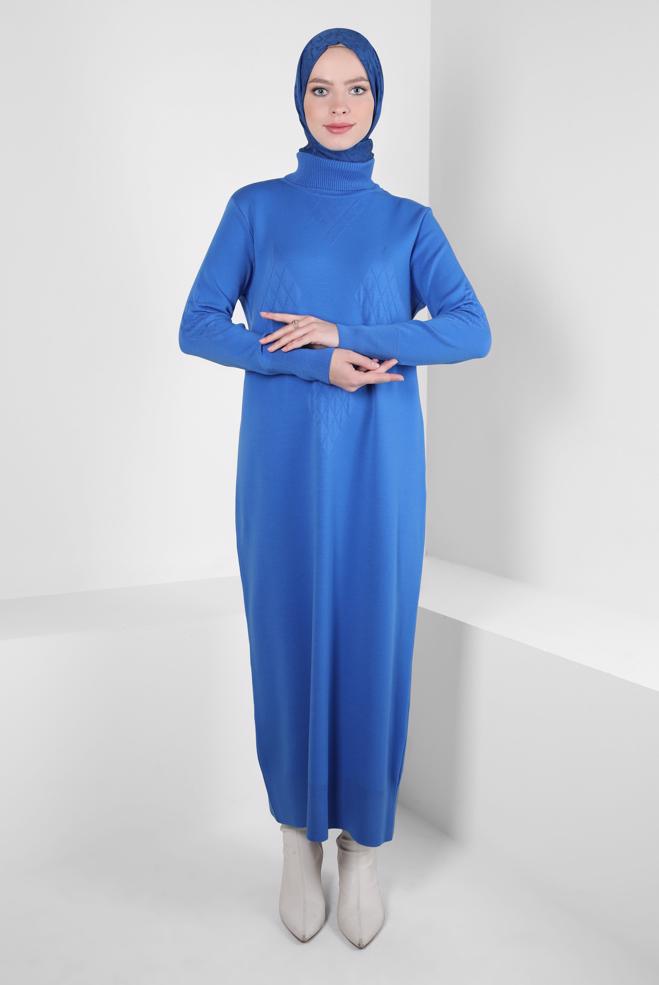 Tesettür giyim MAVİ BOĞAZLI YAKA TRİKO ELBİSE 44023 - ALVİNA