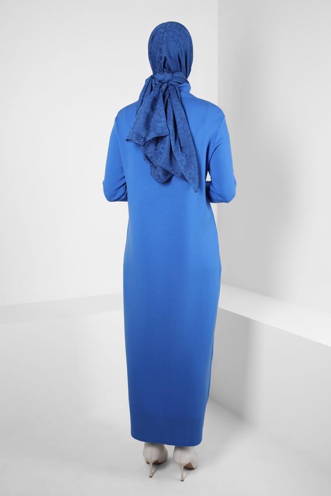 Tesettür giyim MAVİ BOĞAZLI YAKA TRİKO ELBİSE 44023 - ALVİNA