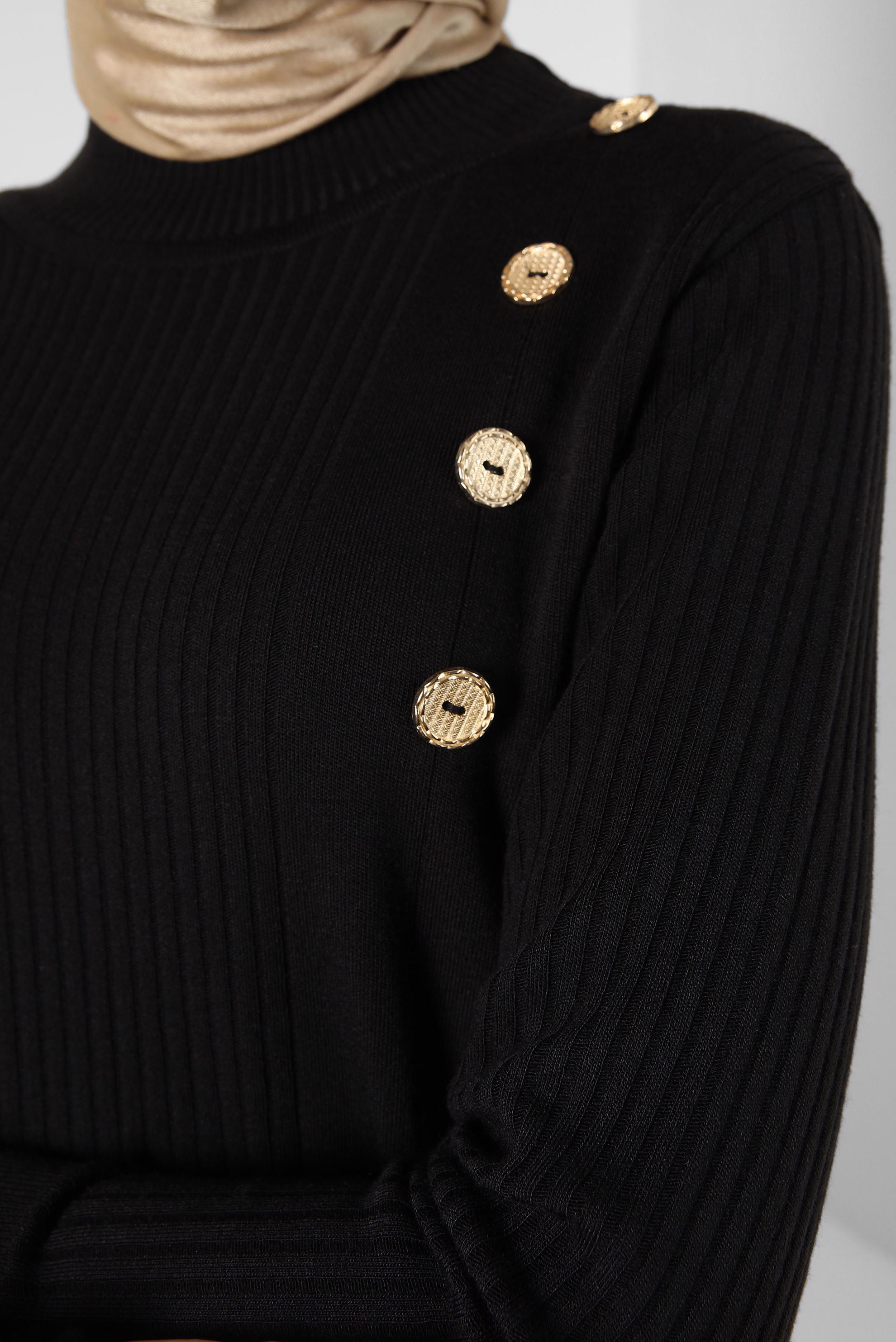 Tesettür giyim SİYAH DÜĞME DETAYLI TRİKO ELBİSE 44024