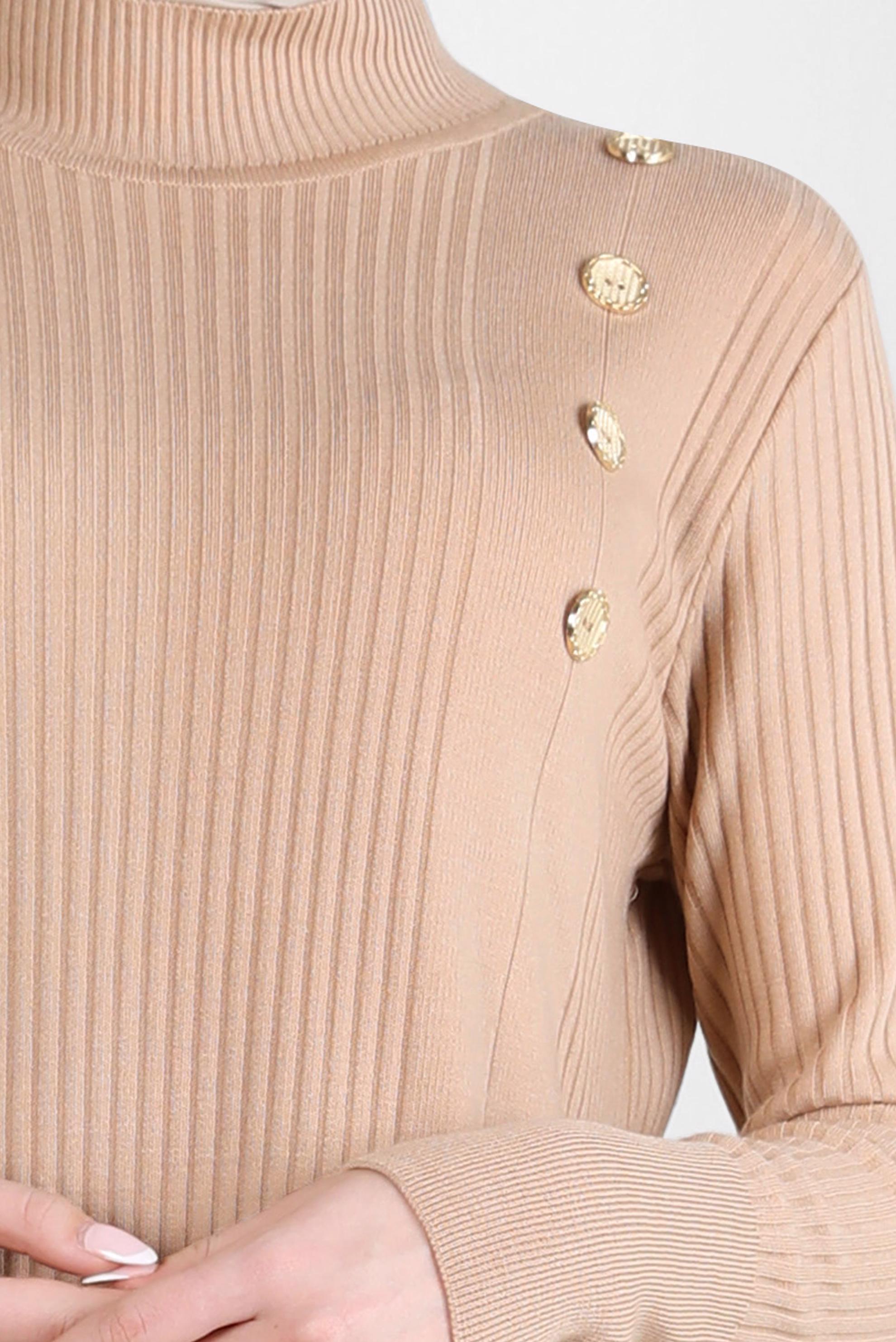 Tesettür giyim BEJ DÜĞME DETAYLI TRİKO ELBİSE 44024