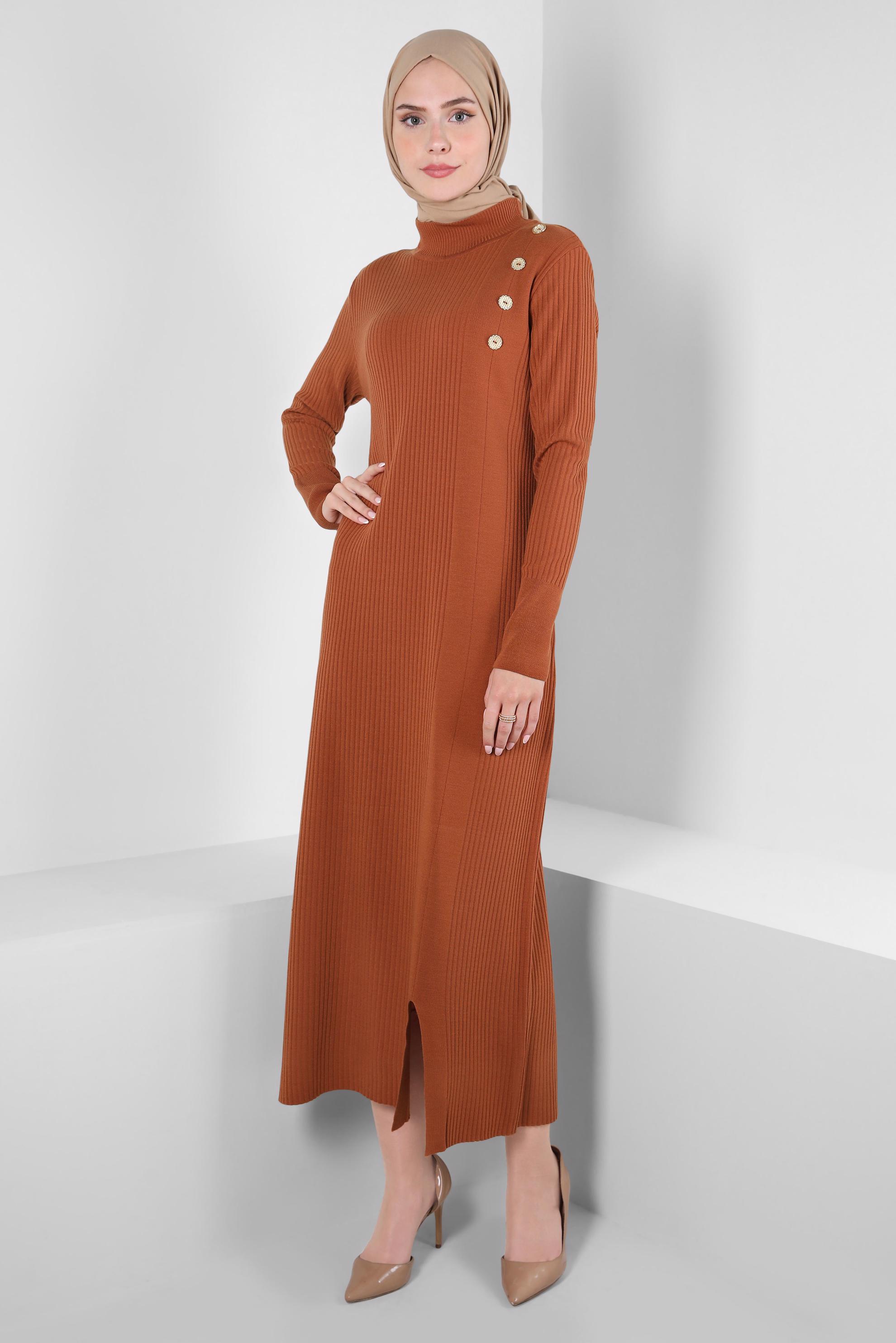 Tesettür giyim TURUNCU DÜĞME DETAYLI TRİKO ELBİSE 44024
