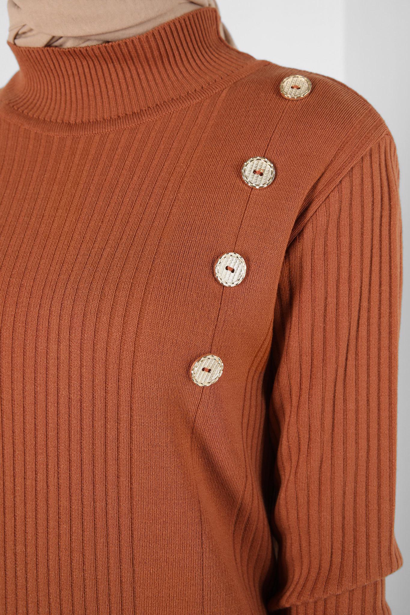 Tesettür giyim TURUNCU DÜĞME DETAYLI TRİKO ELBİSE 44024