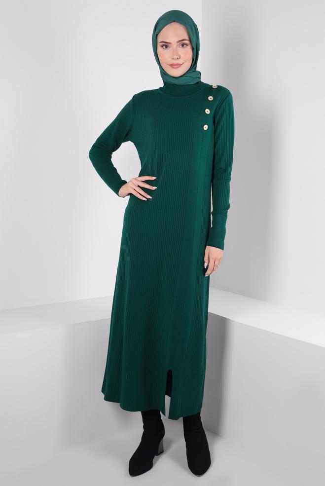 Tesettür giyim YEŞİL DÜĞME DETAYLI TRİKO ELBİSE 44024 - ALVİNA