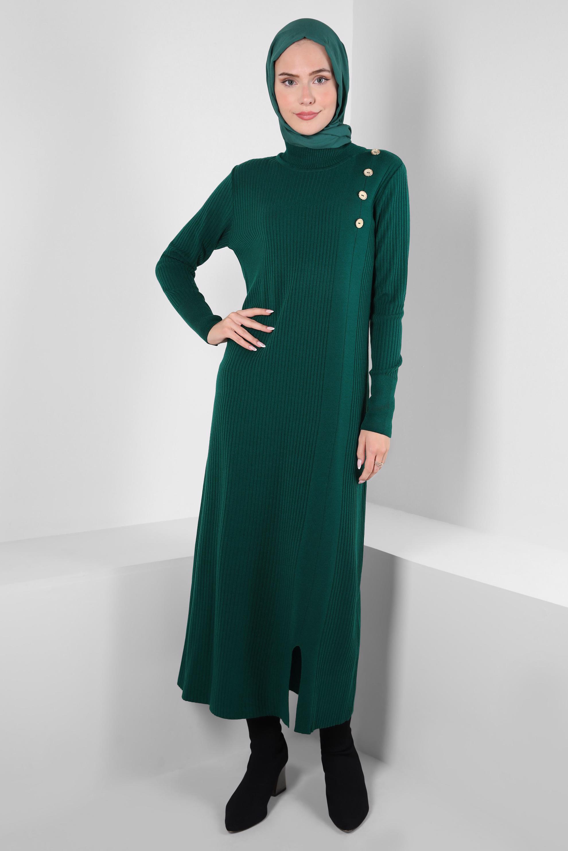 Tesettür giyim YEŞİL DÜĞME DETAYLI TRİKO ELBİSE 44024