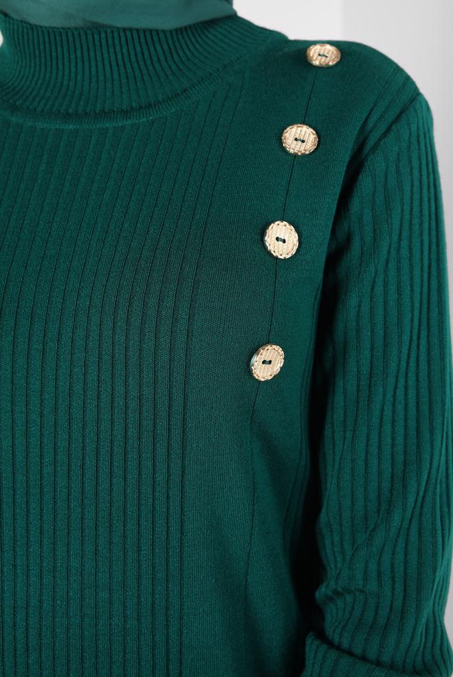 Tesettür giyim YEŞİL DÜĞME DETAYLI TRİKO ELBİSE 44024 - ALVİNA