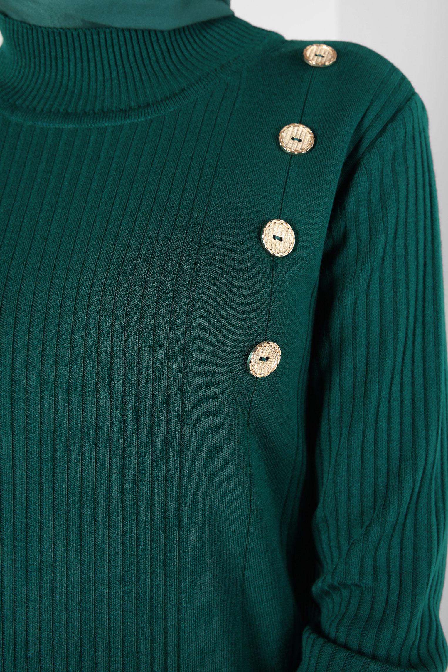 Tesettür giyim YEŞİL DÜĞME DETAYLI TRİKO ELBİSE 44024