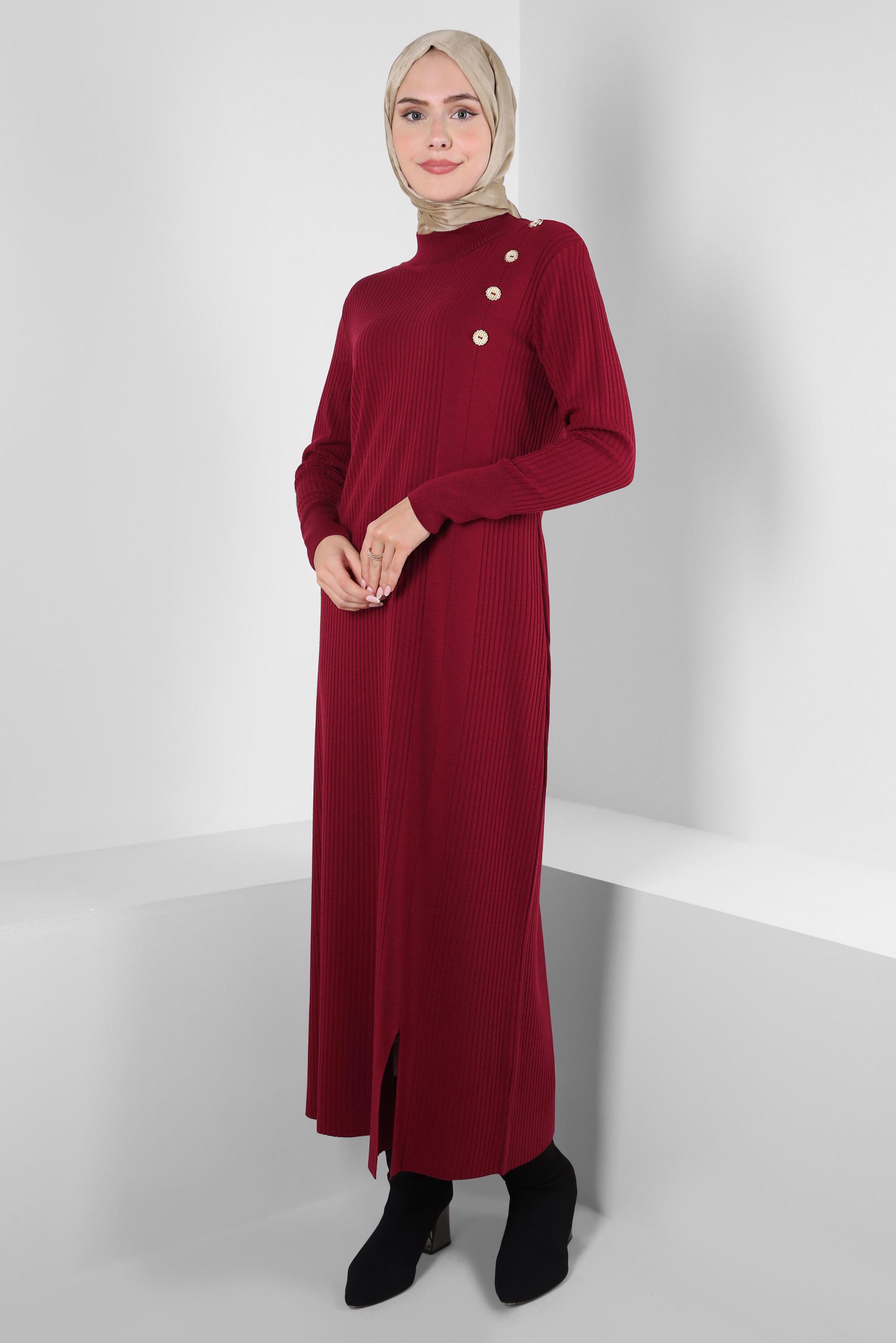 Tesettür giyim BORDO DÜĞME DETAYLI TRİKO ELBİSE 44024