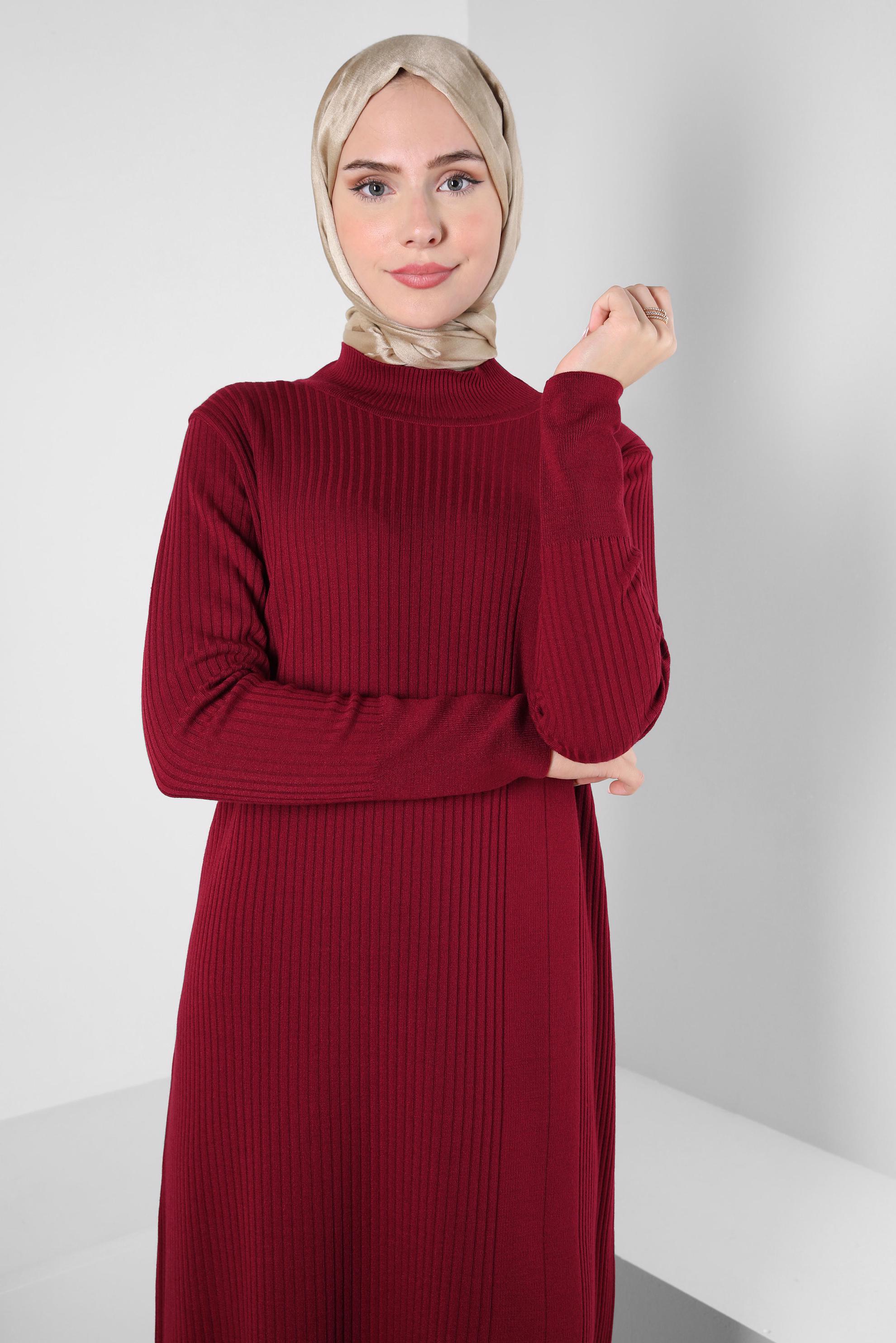 Tesettür giyim BORDO DÜĞME DETAYLI TRİKO ELBİSE 44024