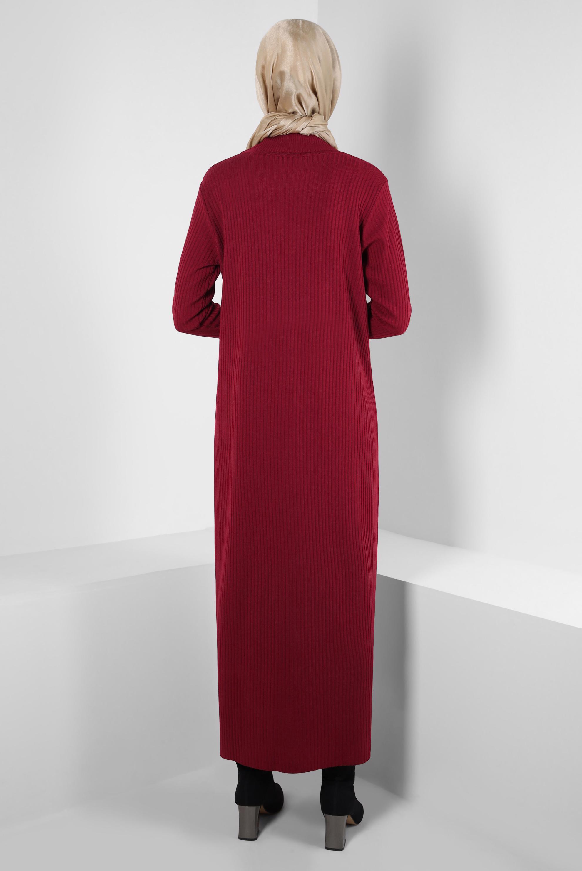 Tesettür giyim BORDO DÜĞME DETAYLI TRİKO ELBİSE 44024