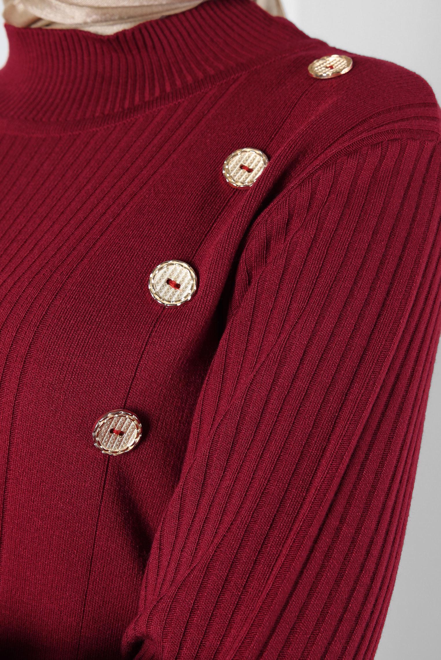 Tesettür giyim BORDO DÜĞME DETAYLI TRİKO ELBİSE 44024