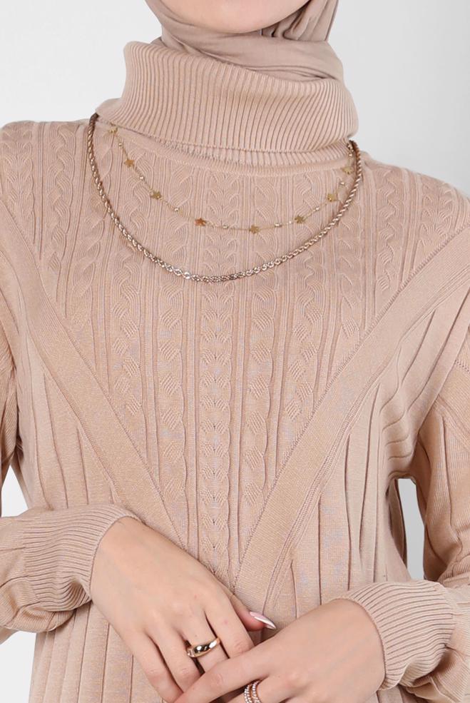 Tesettür giyim BEJ BOĞAZLI YAKA TRİKO ELBİSE 44028 - ALVİNA