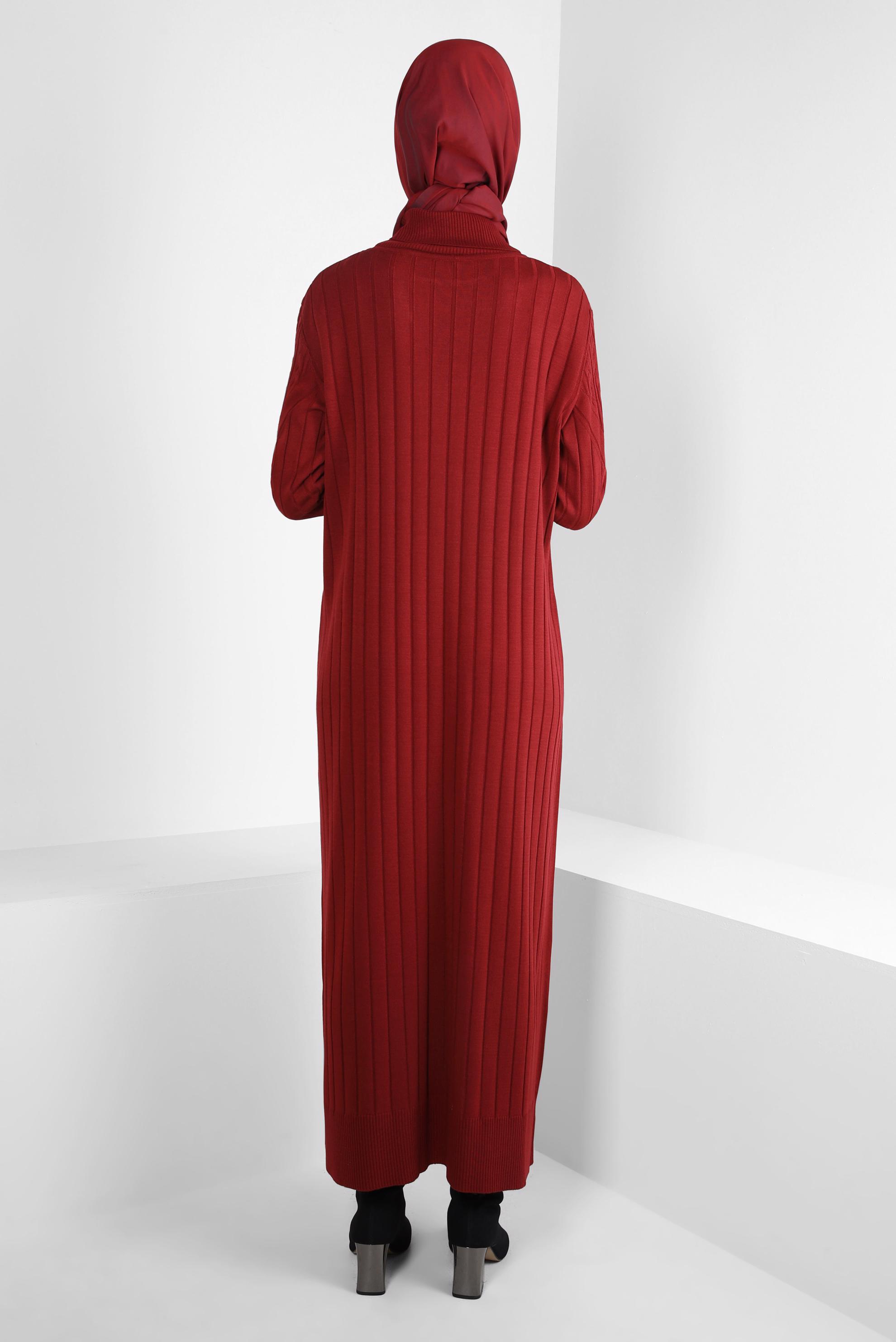 Tesettür giyim BORDO BOĞAZLI YAKA TRİKO ELBİSE 44028