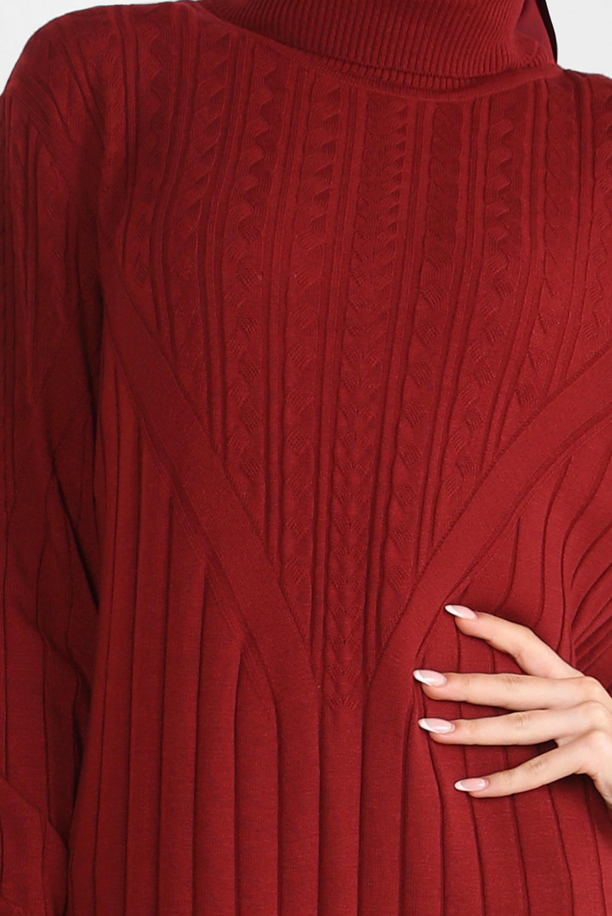 Tesettür giyim BORDO BOĞAZLI YAKA TRİKO ELBİSE 44028