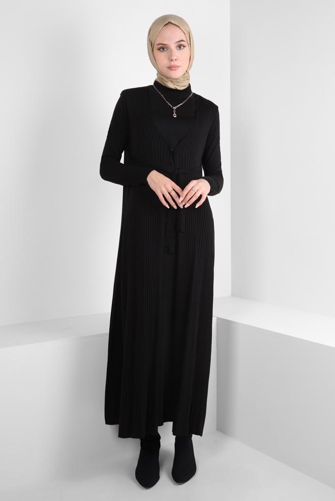 Hijab clothing BLACK BELTED KNITWEAR DRESS WITH VEST 44029 - ALVİNA