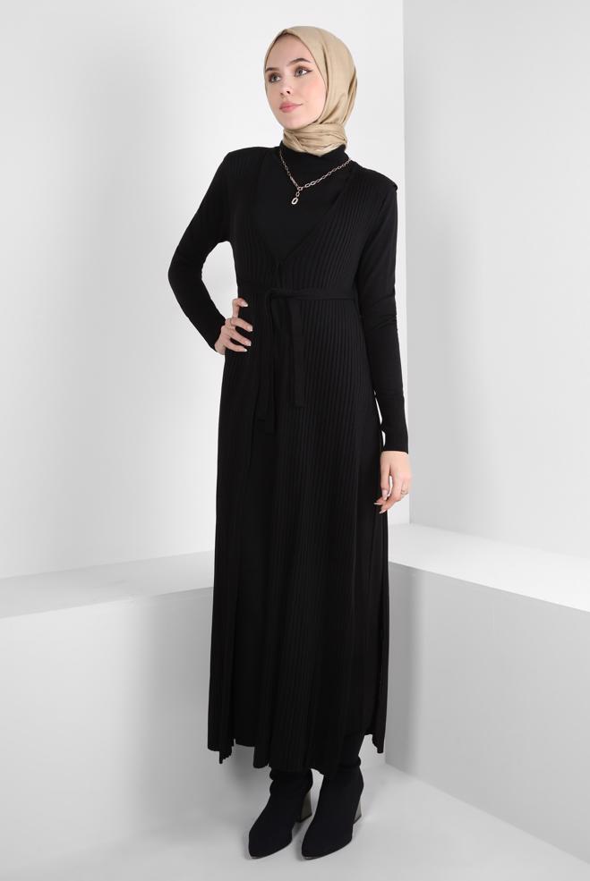 Hijab clothing BLACK BELTED KNITWEAR DRESS WITH VEST 44029 - ALVİNA